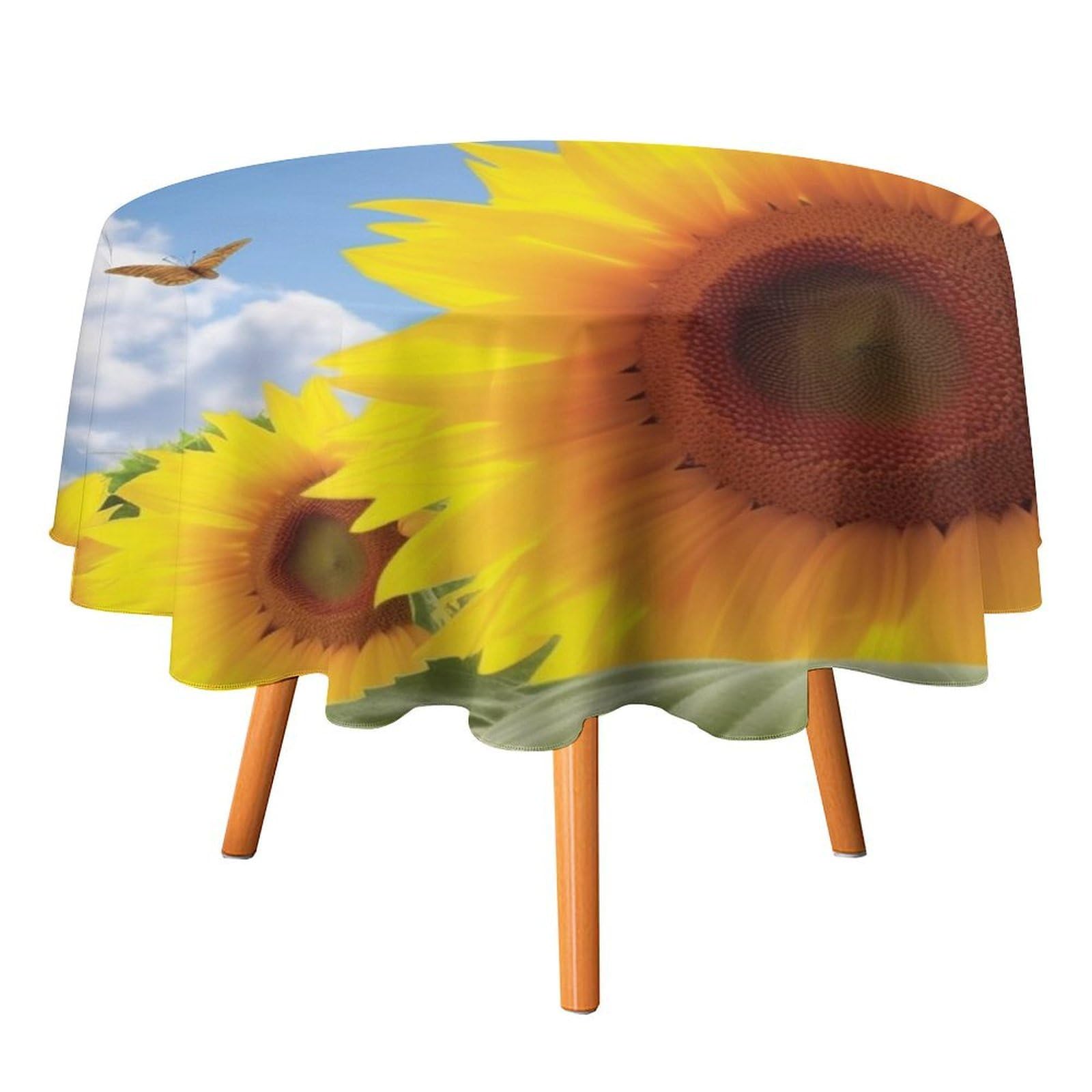 SMAZDFXX Spring Sunflower Butterfly Tablecloth for Restaurant, Round Polyester Table Cover 70x70in for Party