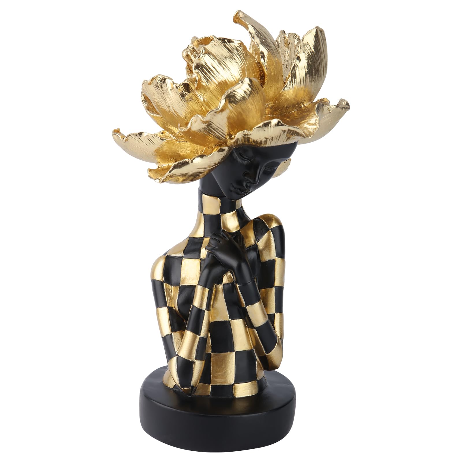 African Woman Sculpture with Golden Flower Headpiece – Black and Gold Resin Figurine for Home Decor, Elegant African Lady Statue, Modern Ethnic Art Ornament, Gift for Women