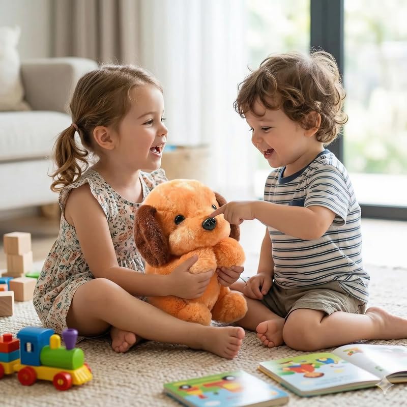 Image of HUG 'n' FEEL SOFT TOYS Sleeping Brown Dog Plush Toy (30 cm) | Cute Stuffed Animal Cuddly Puppy Doll for Kids, Boys & Girls, Newborn Baby Shower & Home Room Decor