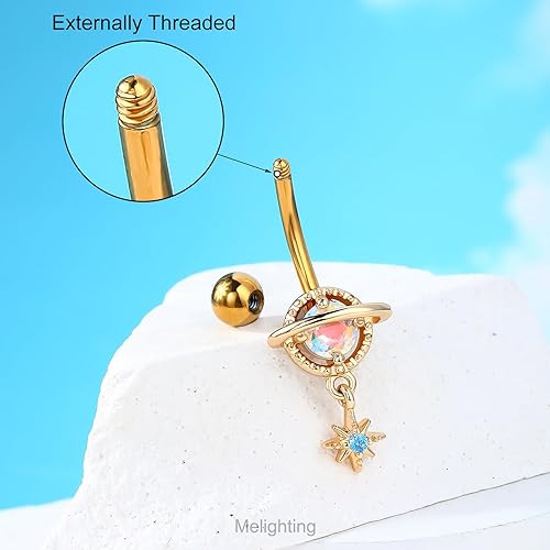 Miniatura 3 de Melighting Piercing de ombligo de acero inoxidable 316L azul de 14G para mujer, circonita cúbica transparente, planeta, ombligo, luna, ombligo,