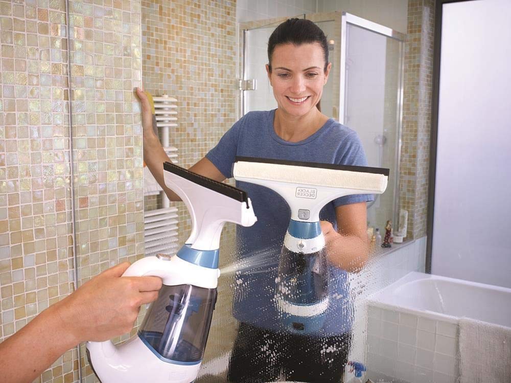 BLACK+DECKER WW100-QW Nettoyeur de vitres 2 en 1 sans fil - Autonomie 25 min - Réservoir lumineux de 100ml - Fourni avec 1 raclette et 1 patin microfibre, 3.6V, bleu/blanc,