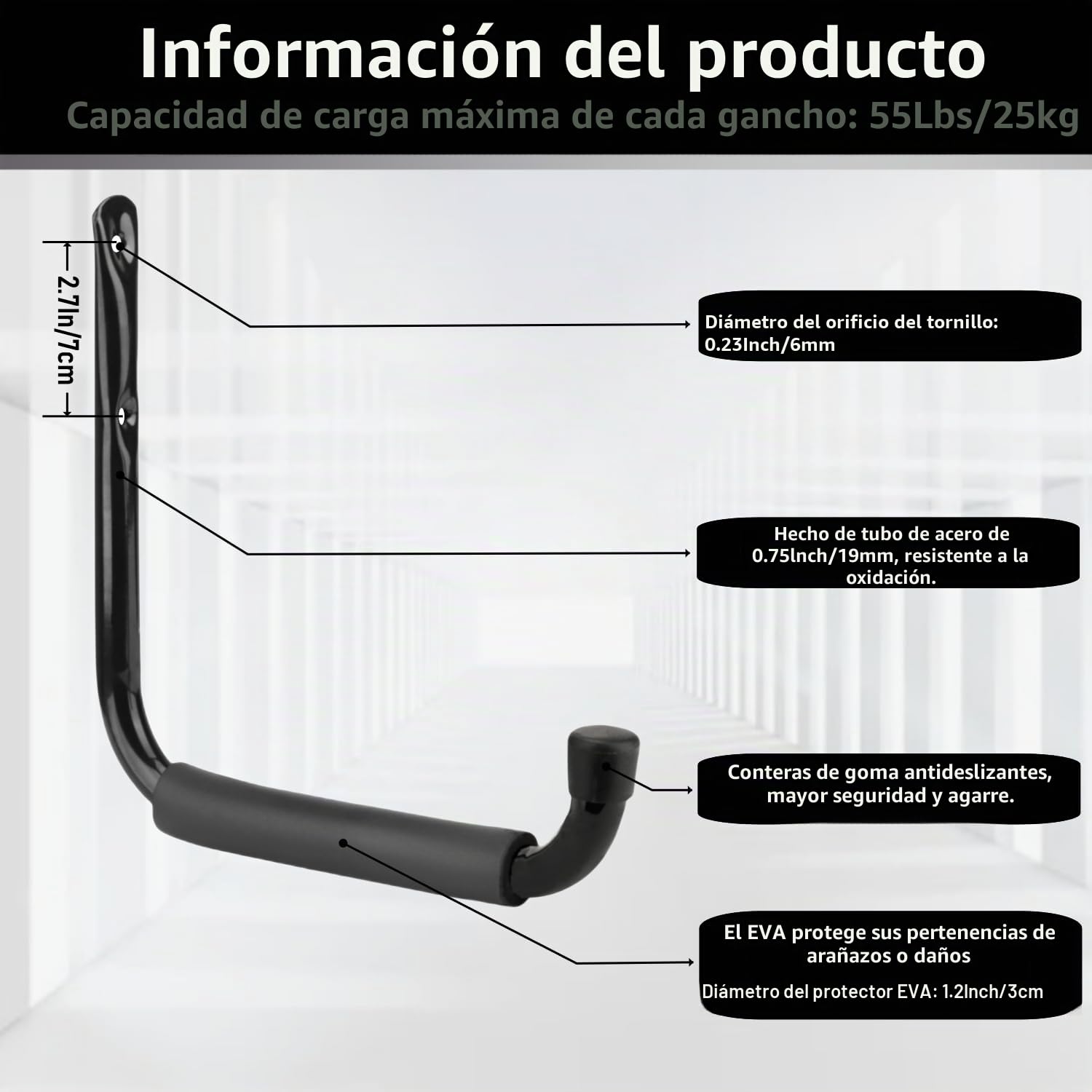 Ganchos para Escaleras de Almacenamiento de Garaje, 24CM/9,5 Pulgadas Estante de Utilidad de Brazo Jumbo Resistente para Herramientas de Jardín, Tablas de Surf, Sillas Plegables