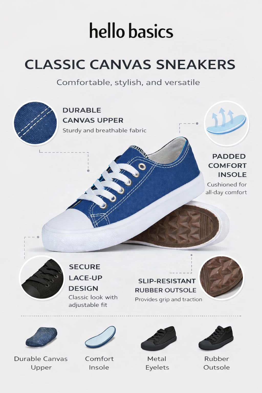 hello basics Canvas Shoes for Women Casual Low Top Women's Fashion Sneakers Slip on for Women (7, Cobalt)
