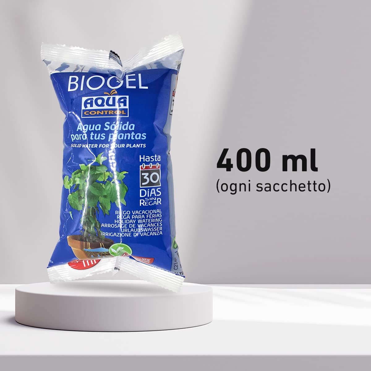 Aqua Control Biogel, Acqua Solida per le Tue Piante, Ideale per l'Irrigazione Durante le Vacanze, Fino a 30 Giorni Senza Irrigazione, 400 ml, Confezione da 5
