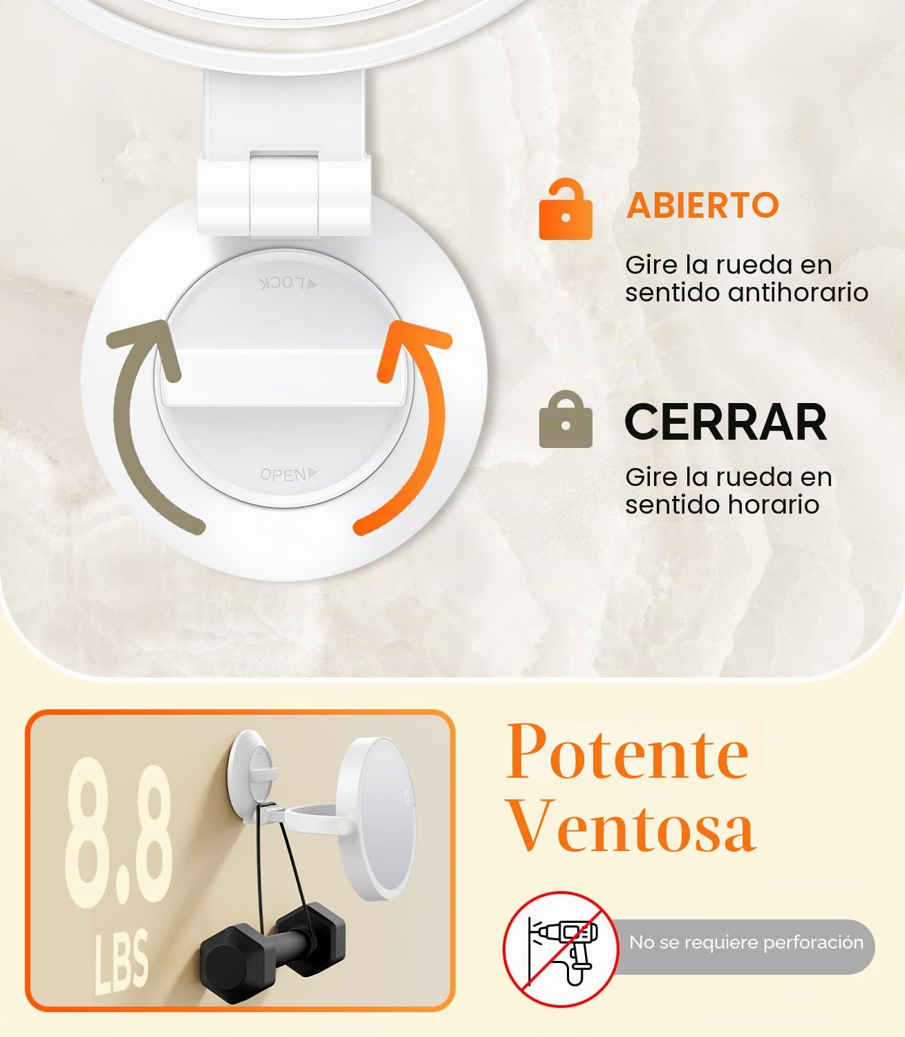 Gospire Espejo de maquillaje montado en la pared de 7 pulgadas con luces y aumento de 10X, espejo de baño iluminado de 3 colores con potente ventosa de bloqueo, afeitado para hombres, LED para