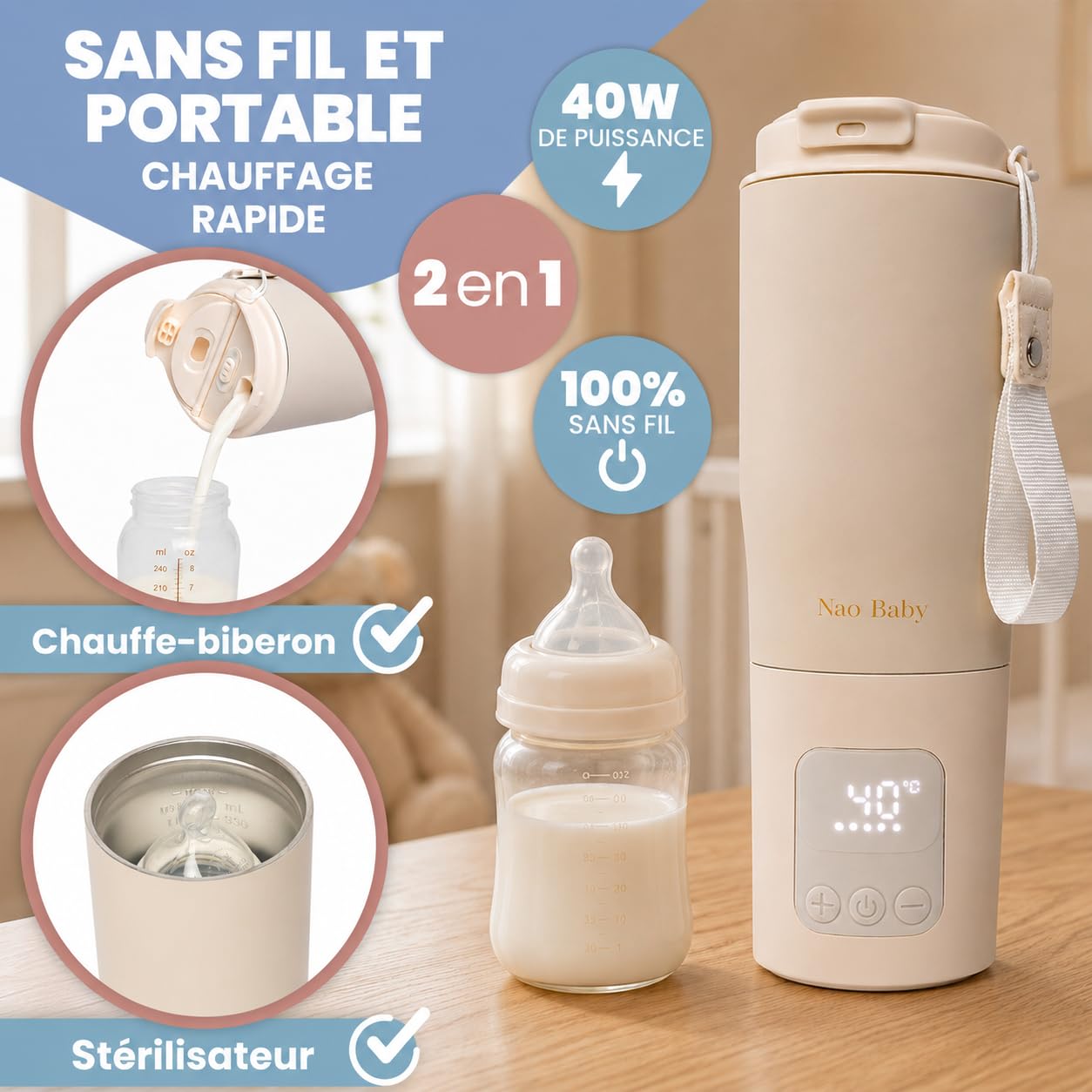 Chauffe Biberon Nomade 2 en 1 avec Fonction Stérilisation Biberon – Chauffe Biberon Portable Sans Fil, Charge Rapide, Batterie 10400 mAh, Contrôle Précis de la Température, Anti-Fuite