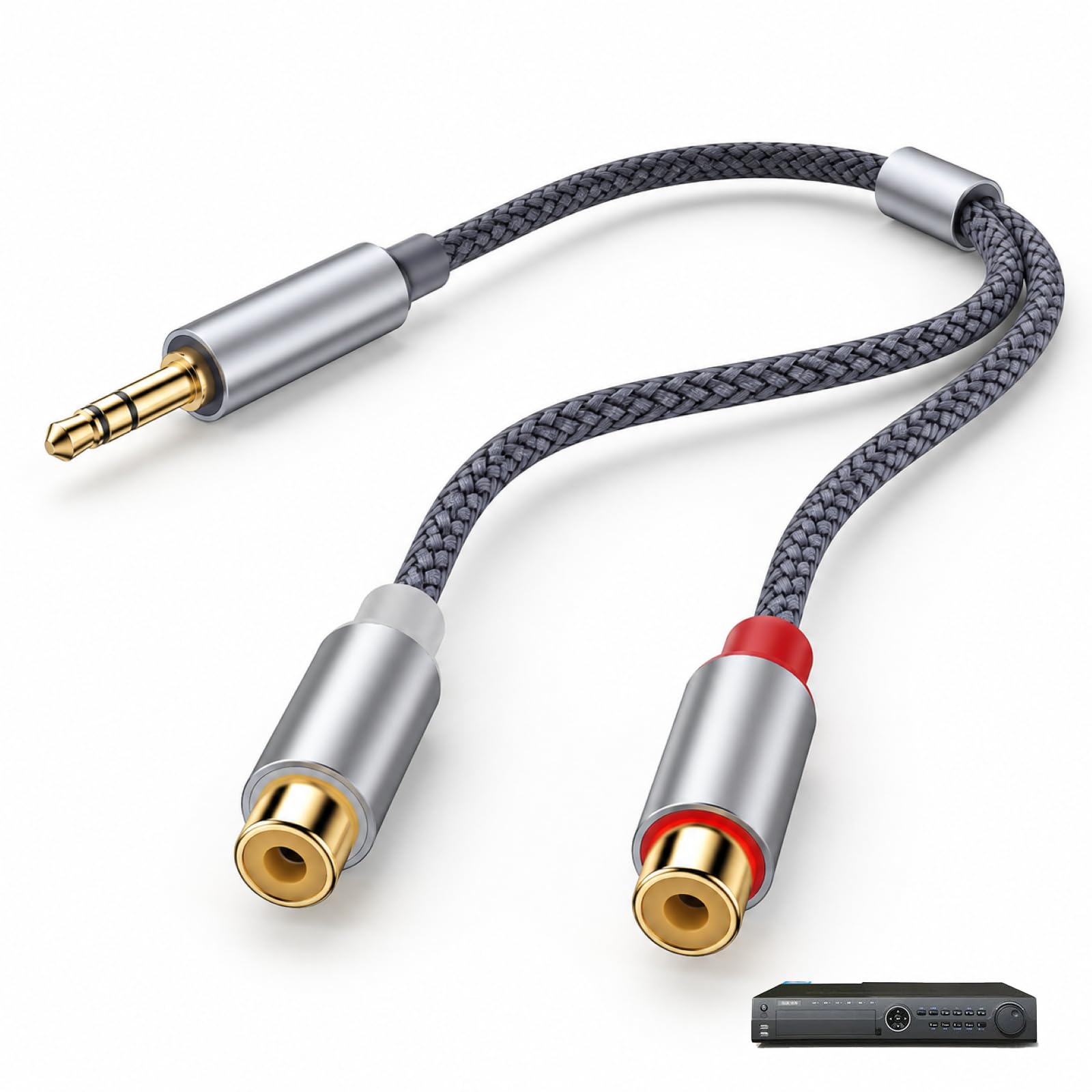 3.5mm Klinke Stecker auf 2 Cinch Buchse, RCA to 3.5mm Adapter mit Vergoldeten Anschlüssen und Nylonmantel für Smartphone Tablet MP3 Player Lautsprecher Verstärker, Gehäuse aus Aluminiumlegierung