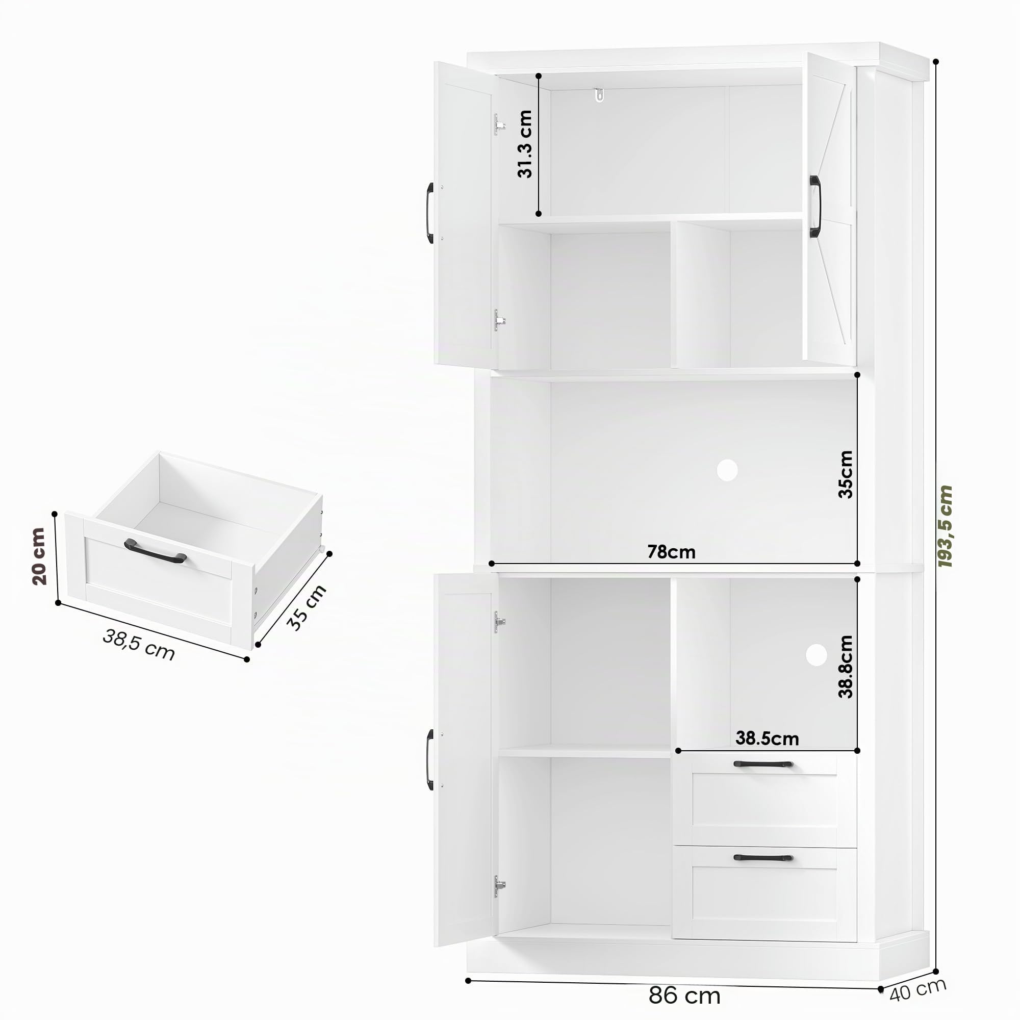 HOCSOK 193cm Alta Credenza Cucina, Mobile Dispensa, 3 Ante 2 Cassetti