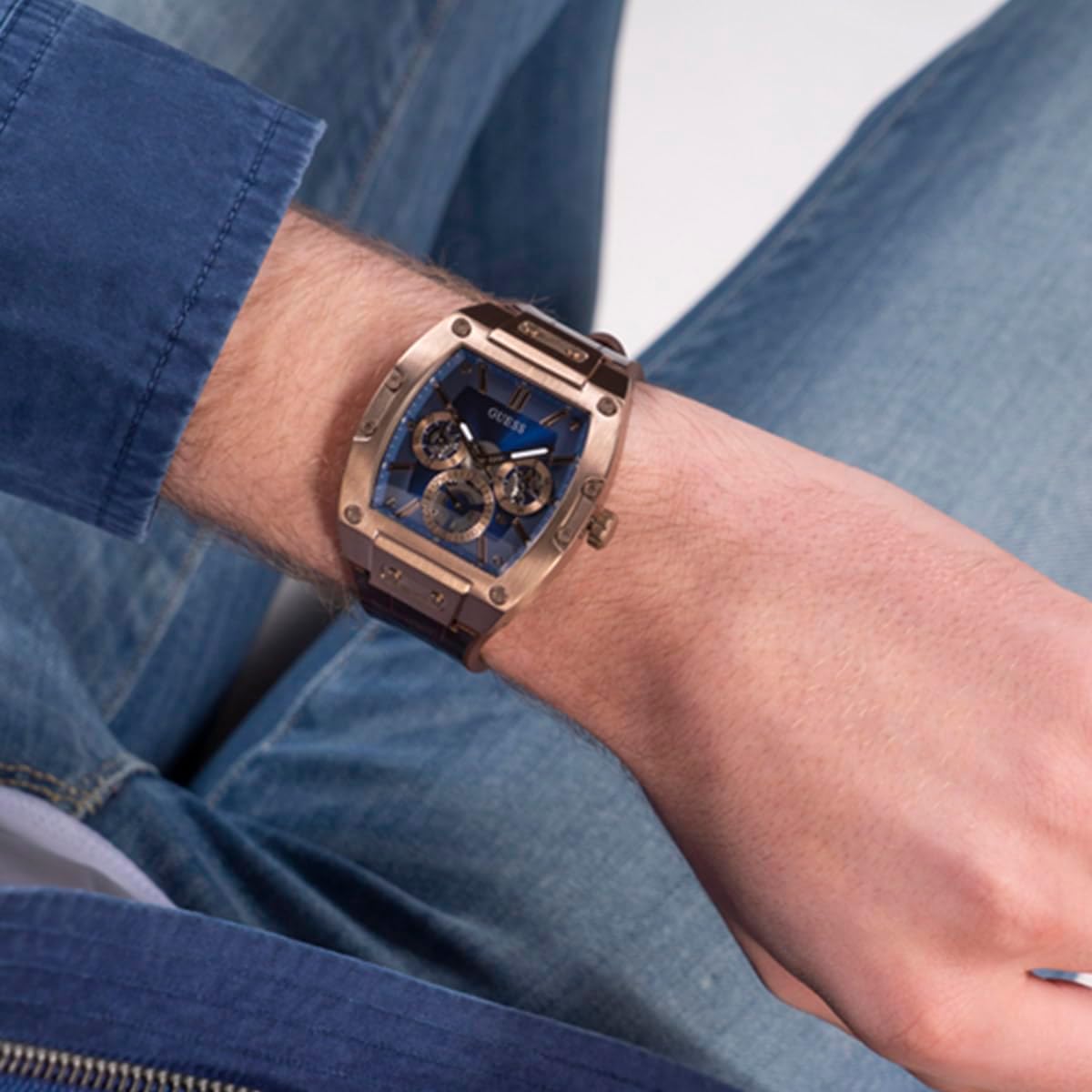 Guess Mens Trend Multifunction 43mm Watch – Coffee Stainless Steel Case with Blue Diamond Dial & Brown Croco Leather Strap