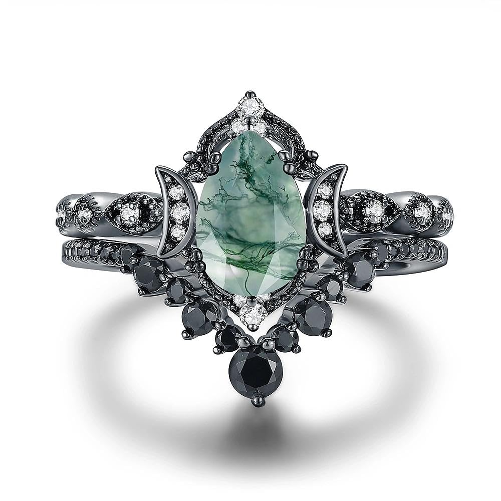 Moss Agate Bridal Wedding Ring Set in Black Gold Plated Sterling Silver