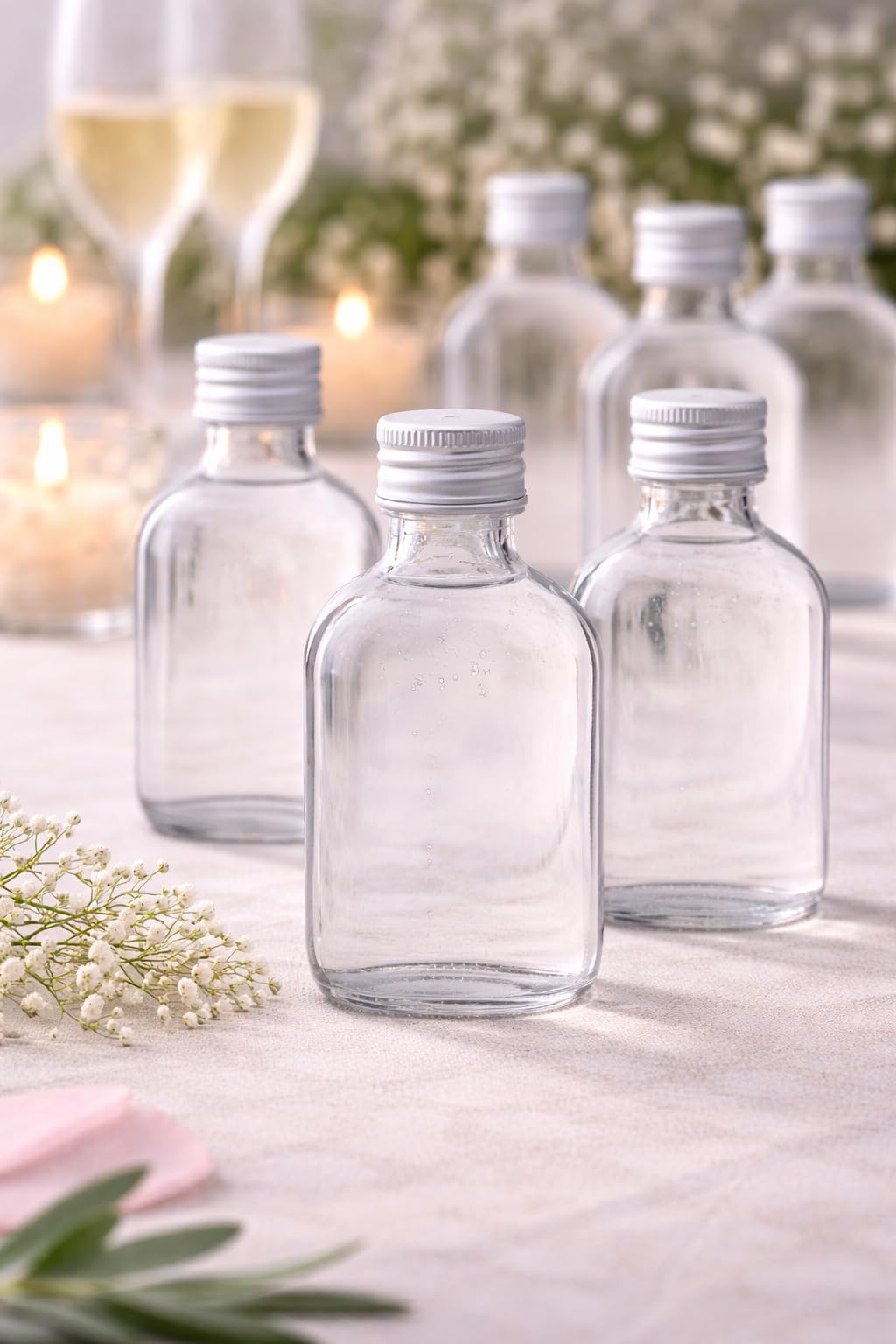 100 X Mini/Miniature Glass Flask Bottles (50ml) with Silver screw top lids.