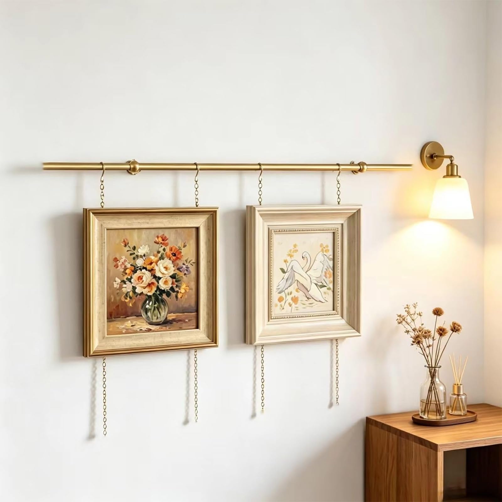 Zhoudong Picture Rail Hanging System, Brass Picture Hanging Wire Kit, French Style Gallery System, Adjustable Display Rod, Home Decor Museum Gallery Rail(0.9m(35.4") Rod)