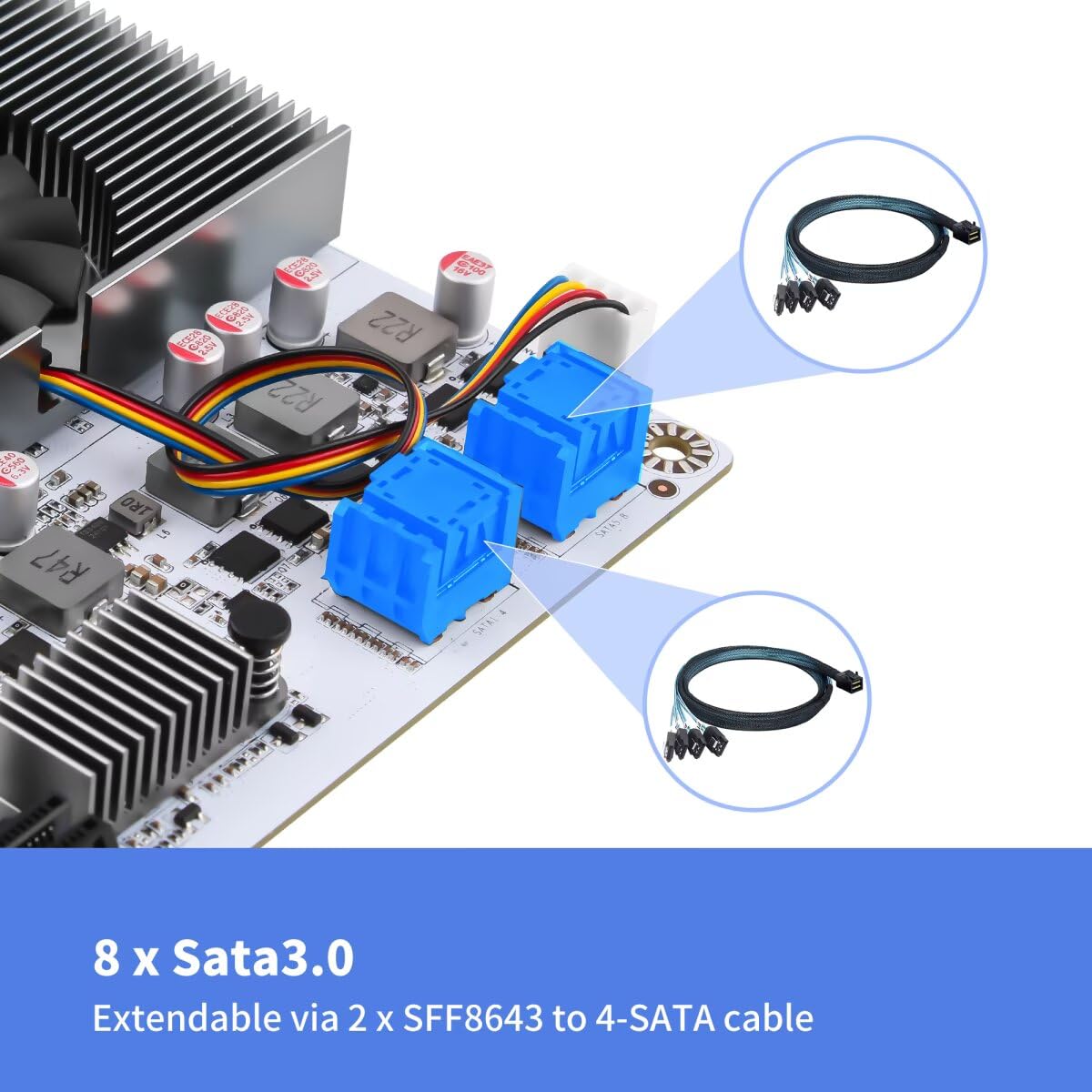 10G NAS Motherboard N150 8 Bay, M8 Mini ITX Mainboard(N100 Update) 2xM.2 NVMe DDR5 No RAM No SSD, Firewall Dual 2.5gbit LAN, M.2 WiFi, PCIEx1, USB C, TF Slot with 2xSFF-8643 Cable