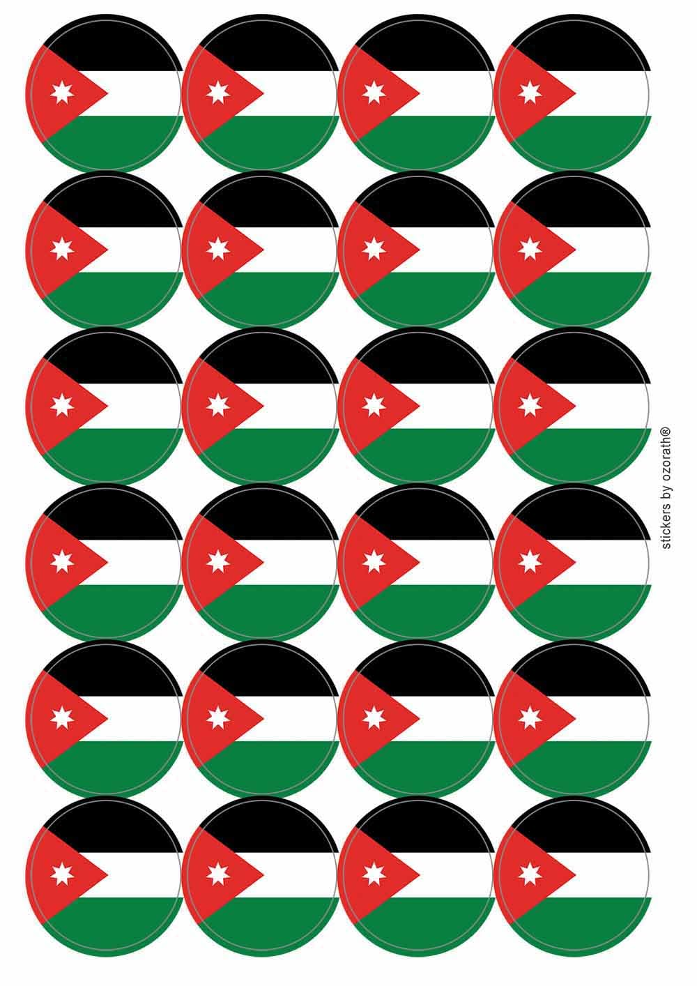 Jordan National Flag Circular Matt Paper Stickers A4 Sheet of 24 (Each Sticker is 45mm Diameter)