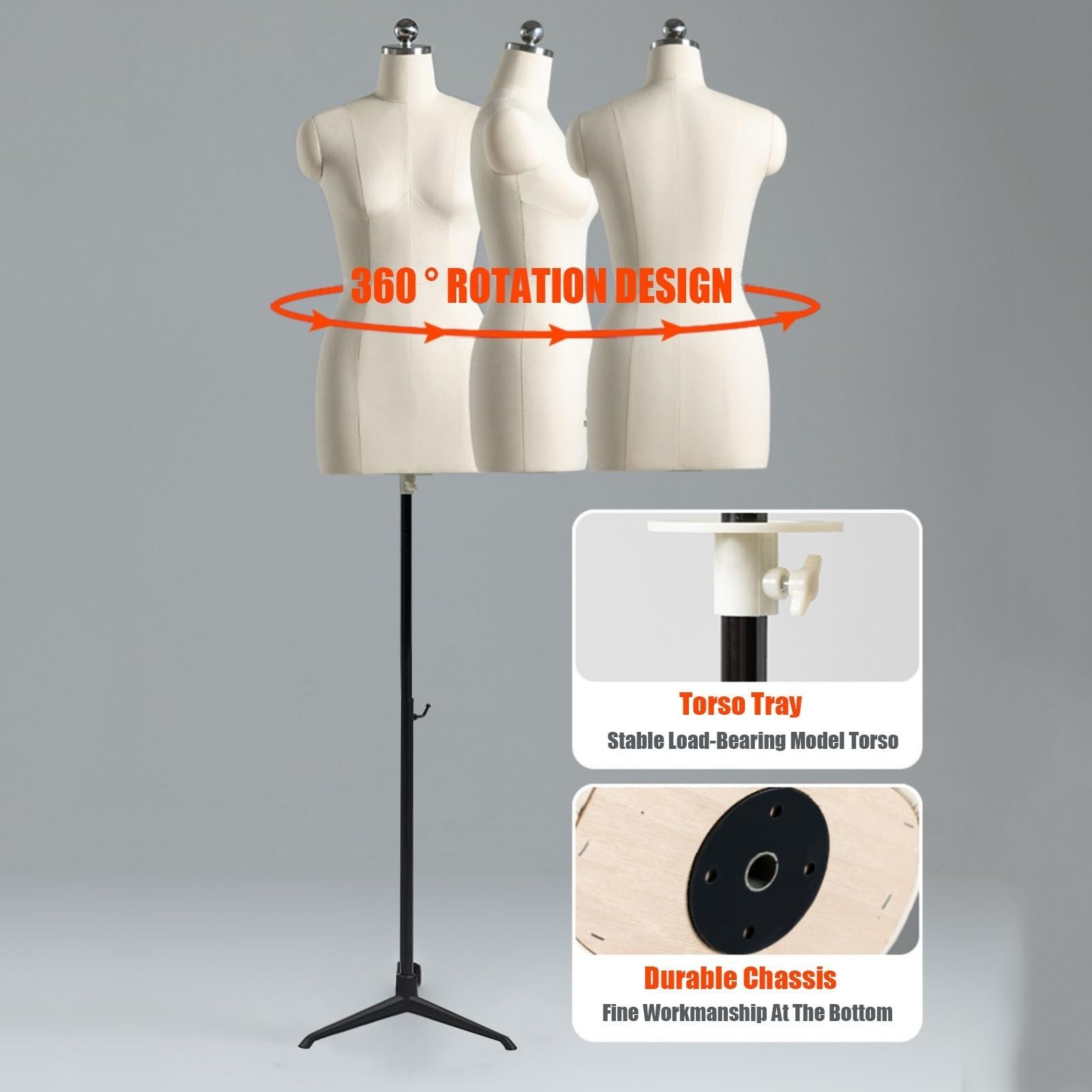 Adjustable Height Female Dress Form Mannequin - Beige Torso With Tripod Stand For Clothing Display