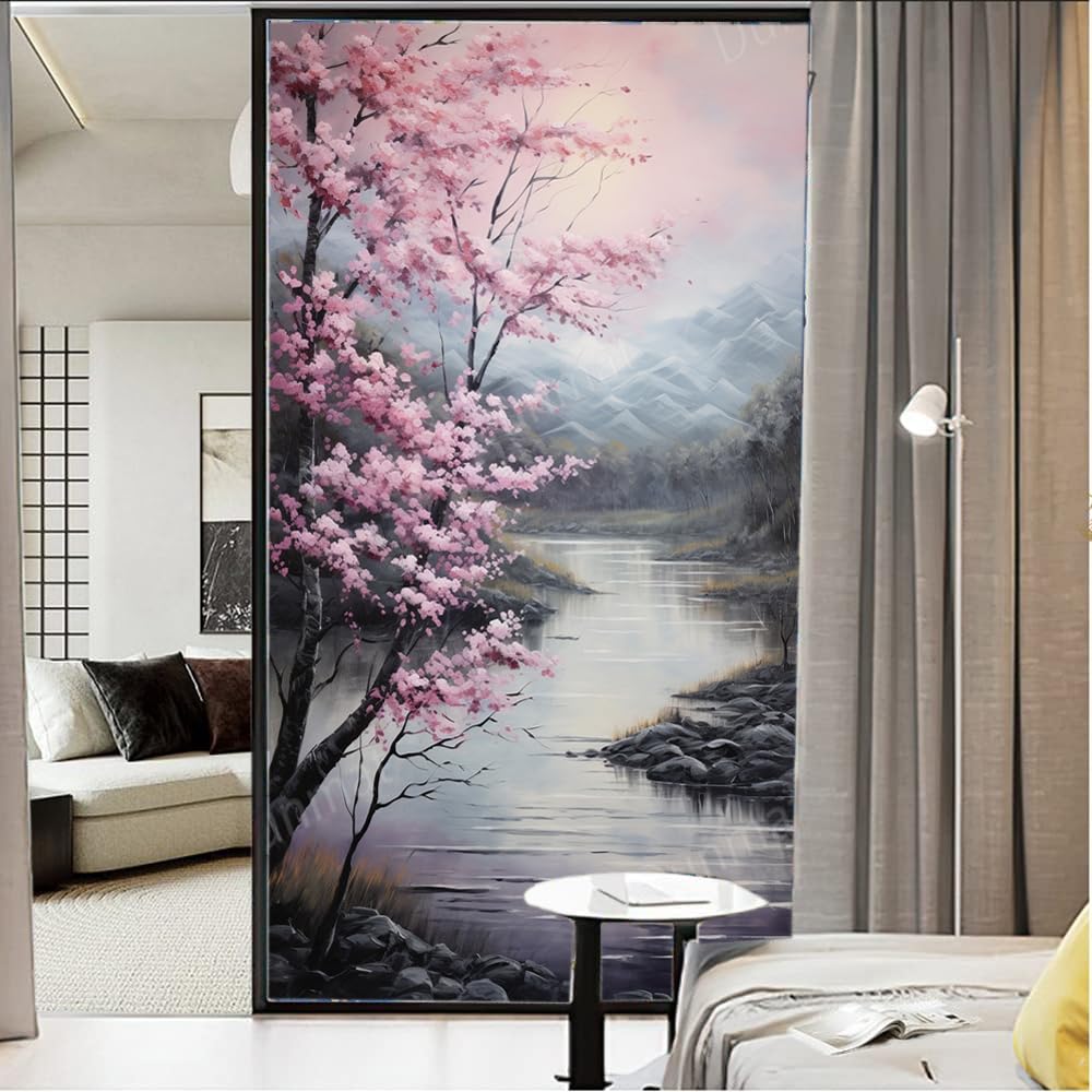 Rustikale Berg Fenster Sichtschutzfolie Tinte Landschaft Rosa Kirschblüten Buntglas Fensterfolie Sonnenblockierung Wärmeregulierung Dekorative Fensterabdeckfolie für Home Office 90 * 160cm