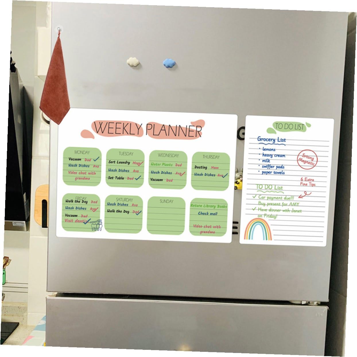 2 Sätze Magnetische Wochenplaner Whiteboard Kühlschrank Hafttafel Abwischbar Wiederverwendbar Klarer Organizer für Küche Büro und Zuhause mit Trocken Abwischbarer Oberfläche und