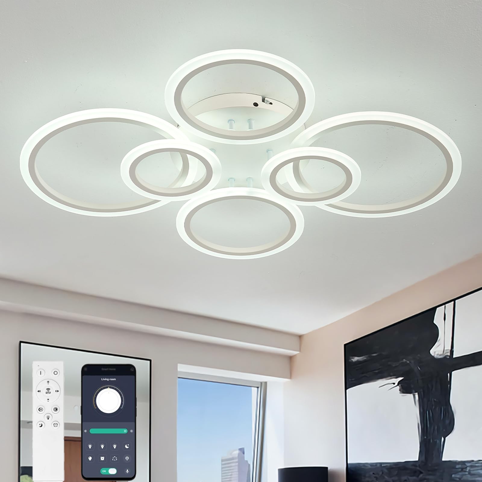 Dobecd Modern Ceiling Lights Round Smart 3 Colour Temperature Ceiling Light with Remote Control and APP Dimmable 46W Bedroom Chandelier 80CM Memory Function Ceiling Lamp for Lounge Dining Room-White