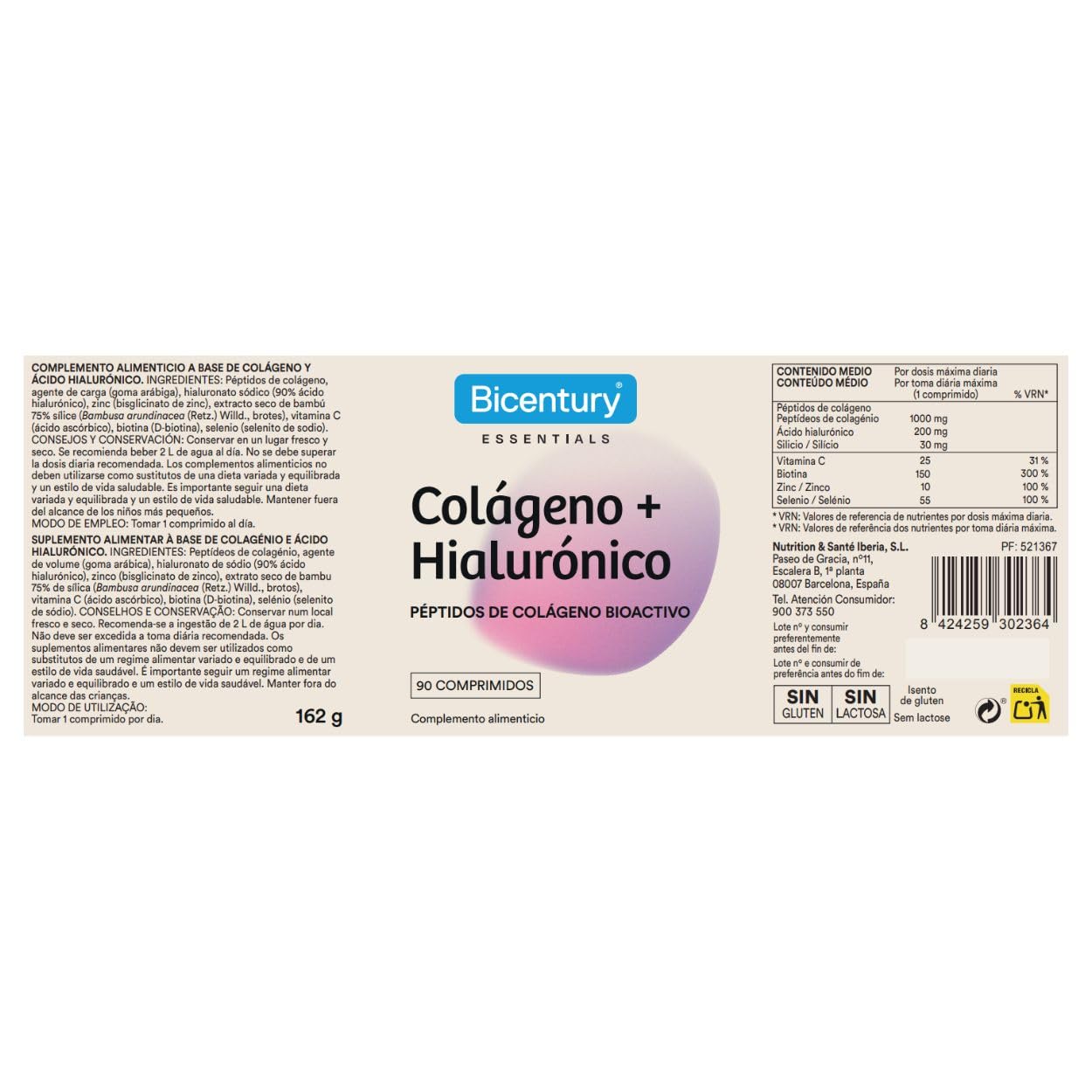 Bicentury Colágeno Ácido Hialurónico - Complemento Alimenticio con Péptidos de Colágeno Bioactivo, Ácido Hialurónico, 2 vitaminas y 2 minerales, 90 comprimidos