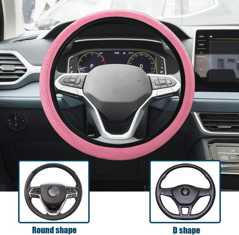 Car Steering Wheel Cover, Universal 14.5-15 Inch Pink Leather Steering Wheel Wrap with Better Sport Grip for Men Women, Anti-Slip Breathable Car Interior Accessories for Most Vehicles (Pink2)