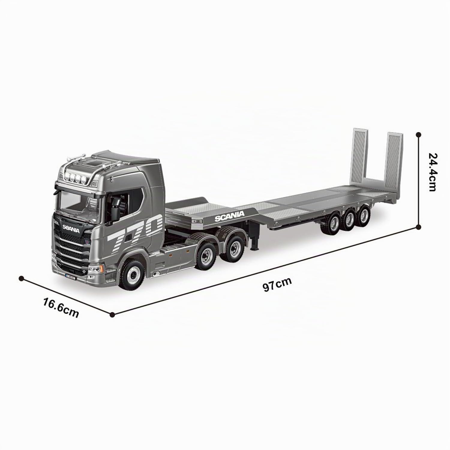 Scania 770S 1501A 1/18 RC 6x4 Tracteur Camion Tracteur 19 Fonctions 3 essieux Plastique Semi-remorque à Plat Système d'éclairage et de Son Télécommande 2,4G Gris