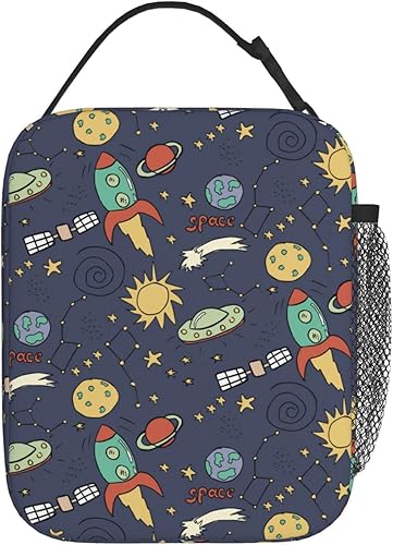 Vista 3 de Divertida bolsa de almuerzo con diseño de estrellas y planetas de dibujos animados, con aislamiento, reutilizable, impermeable, portátil, para niños