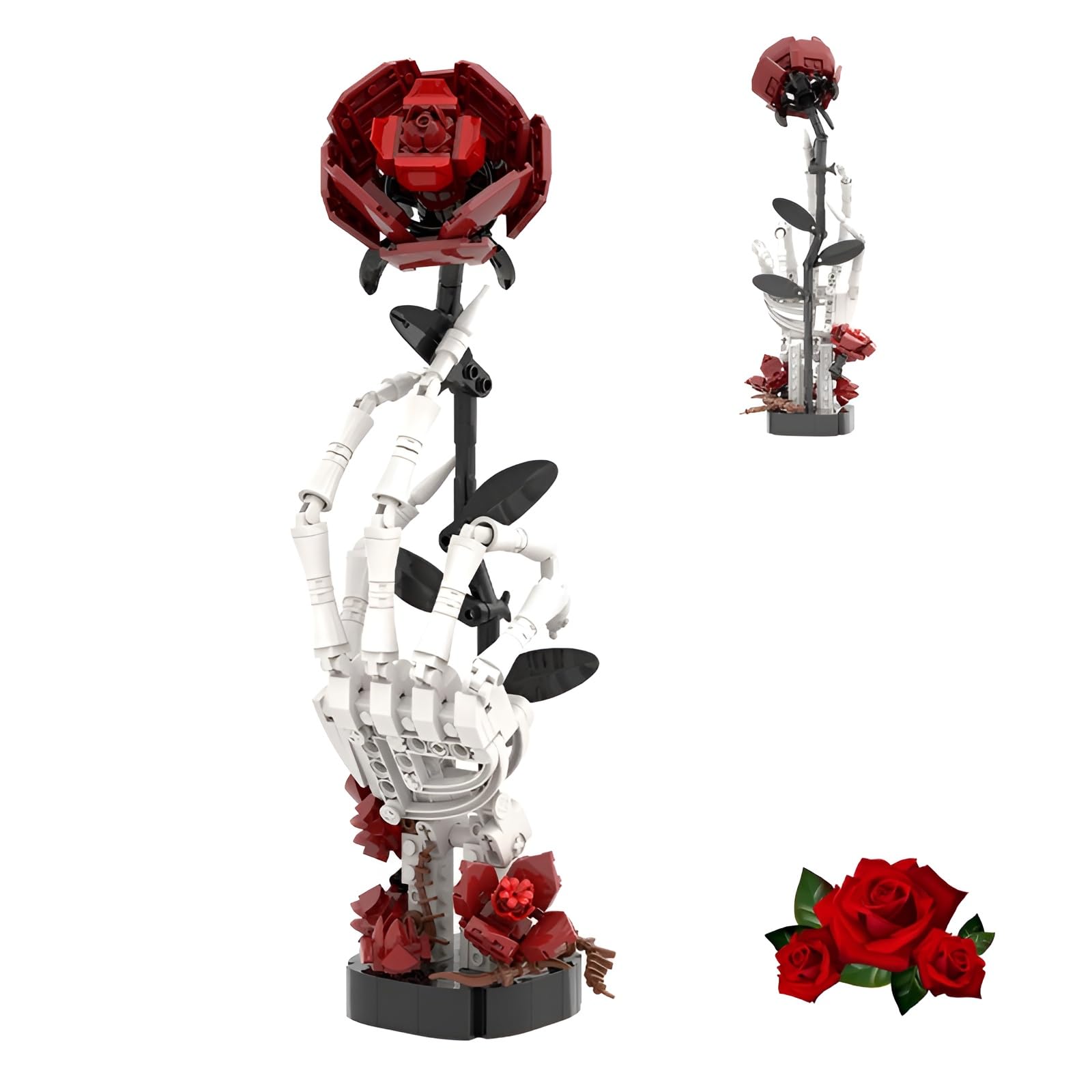 Skeleton Hand Holding Red Rose Building Blocks Kit, MOC Skull Creative Artificial Flower Bricks Set, Dark Gothic Model Toy for Decor, Adults Collectible Desk&Unique Gifts for Gothic Enthusiasts-357PCS — image 1