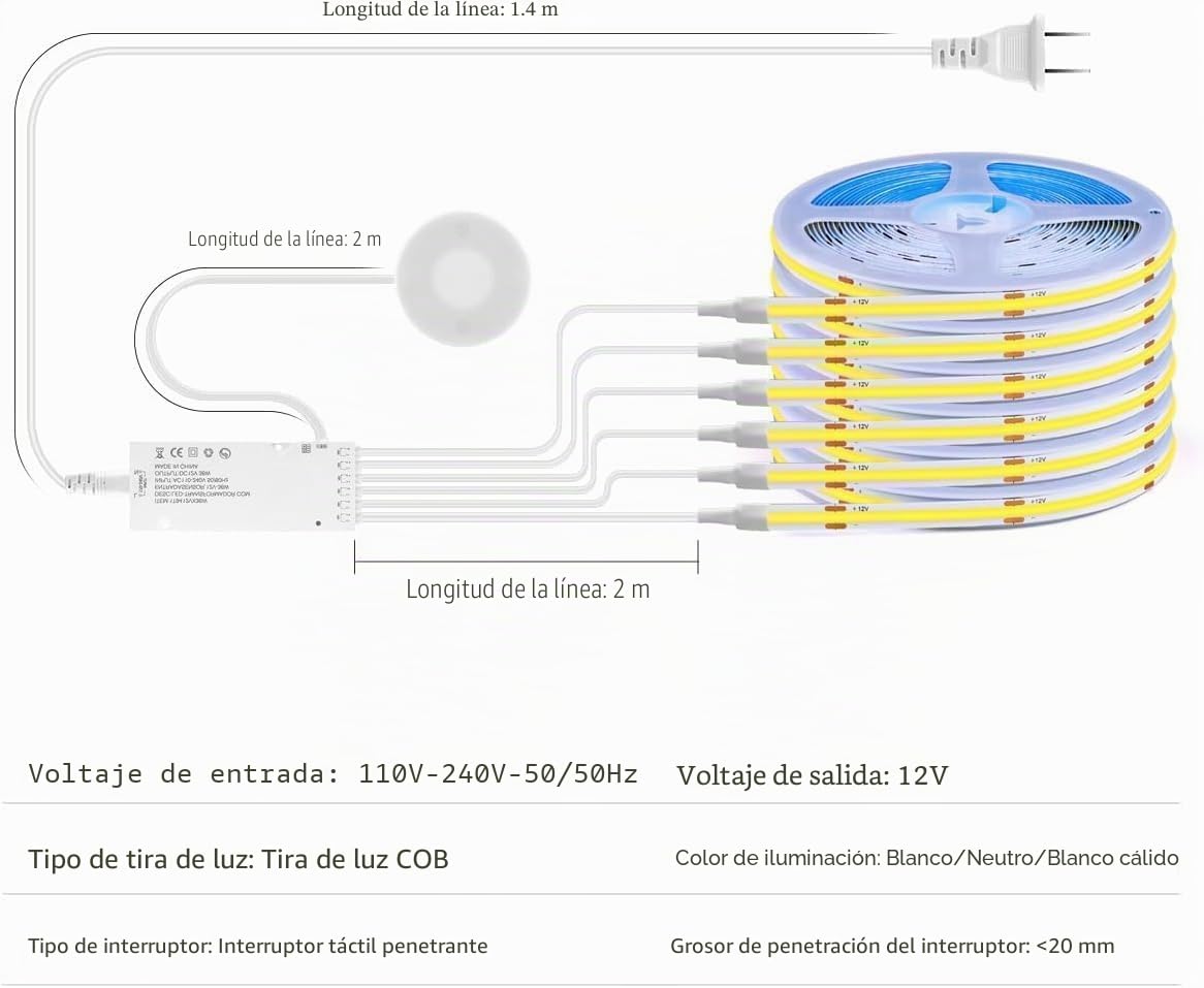 AIMENGTE Lámpara LED para debajo de los muebles, 12 V, cortable, interruptor con sensor COB con divisor, fuente de alimentación de 60 W, luz blanca cálida, iluminación de vitrina, adecuada (3m)