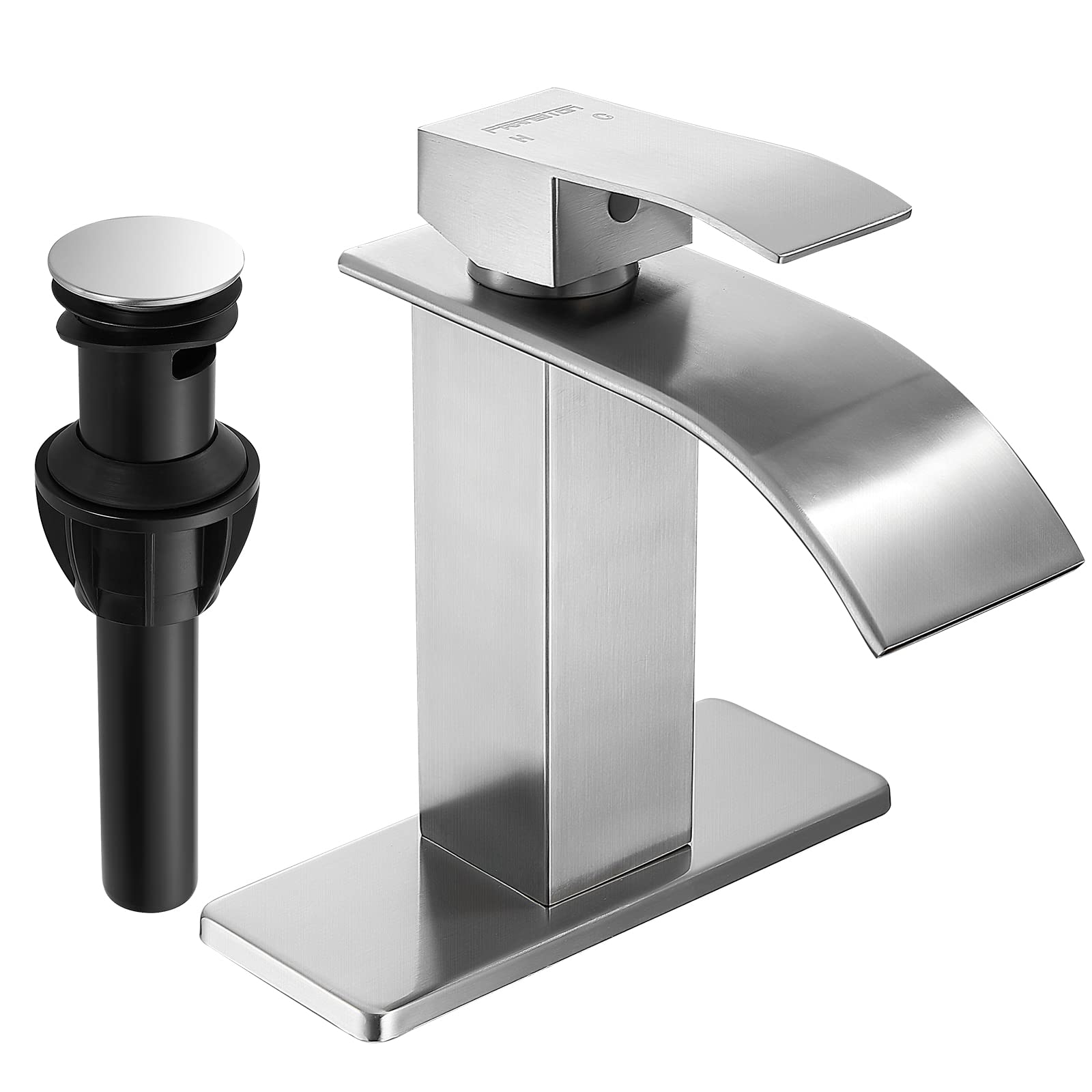 FRANSITON Brushed Nickel Waterfall Bathroom Faucet Rv Lavatory Single Handle 1 or 3 Hole Bathroom Sink Faucet Washbasin Faucet with Deck and Pop-up Drain