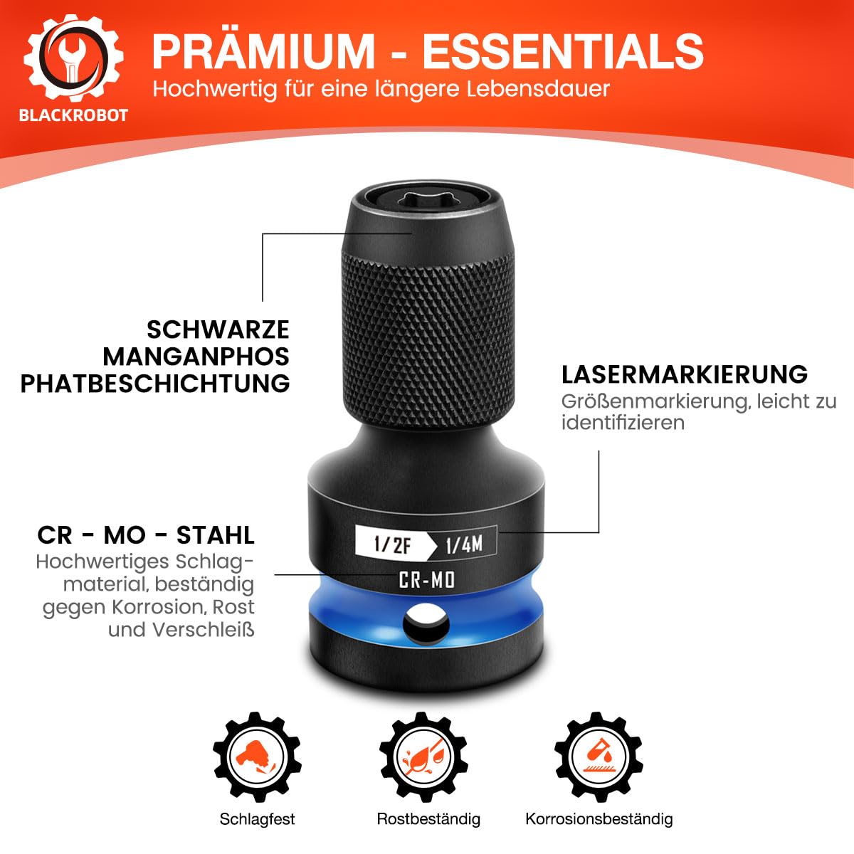 BLACKROBOT Schlag-Bithalter (2 Stück) – 1/4" Vierkant Auf 1/4" Sechskant, Aus Cr-Mo-Stahl