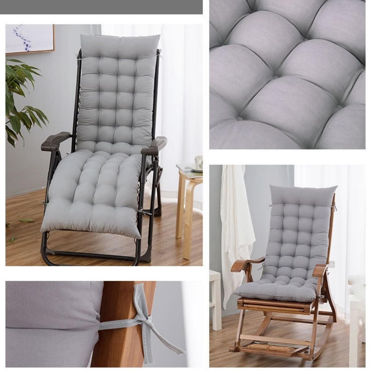 Highdi Coussin de Chaise Longue/Bain de Soleil, Coussin Transat Jardin Exterieur, Rembourré Pliable Épais & Confortable avec Bande Réglable pour Terrasse, Plage, Salon (Gris,48x170cm)