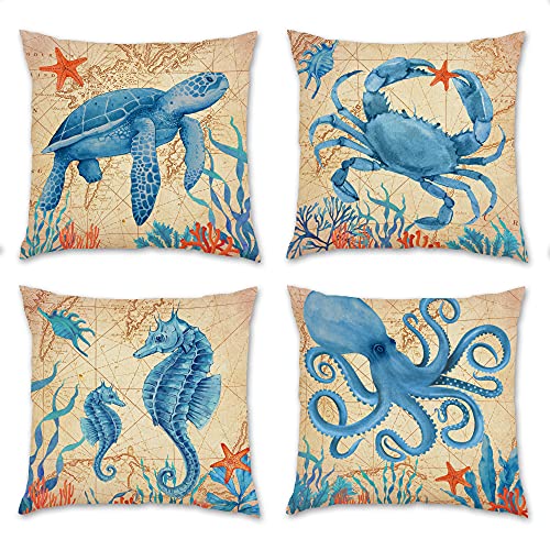 Summer Pillow Covers 18x18 Inch Set of 4 Ocean Summer Decorative Throw Pillow Case for Couch Sofa Livingroom Outdoor, Ocean Sea Turtle Octopus Sea Horse Crab Summer Autumn Bule Modern Farmhouse Decor