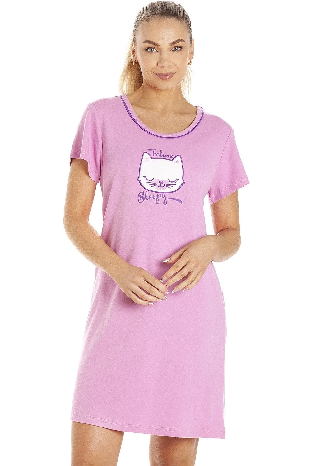Camille Women's Lilac 100% Cotton Short Sleeved Pug Dog Or Cat Nightdress - Knee Length Nighties For For Your Summer Nightwear 12-14