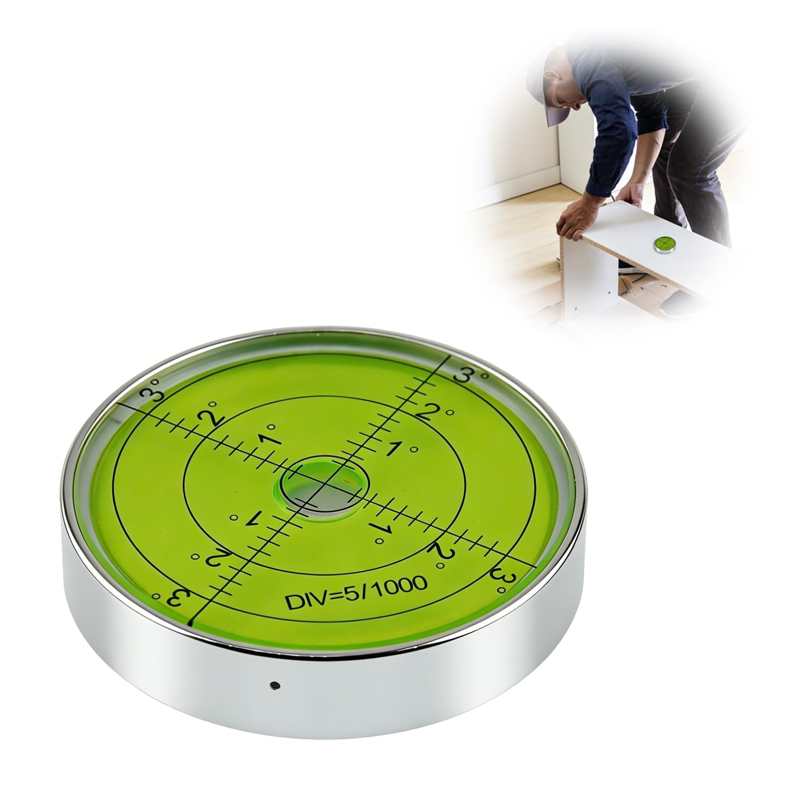 Bullseye Spirit Level, Circular Spirit Level Large Aluminium 60mm Surface Degrees Precision Bubble Round Metal Housing for Caravan Motorhome RV Tripod Camera Mount Workbench Installation Alignment