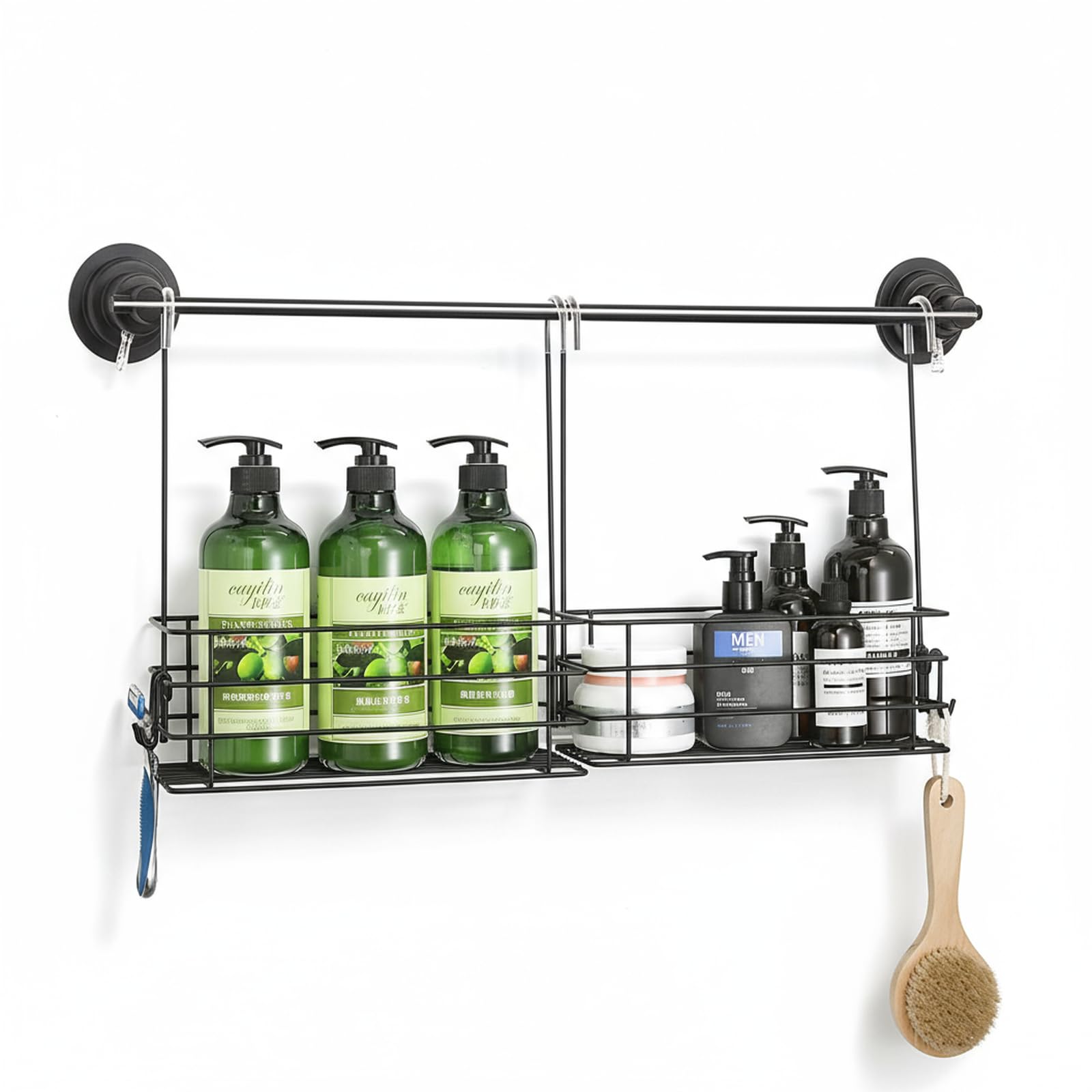 Seltomer 2pcs Single-Layer Shower Caddy Hanging Shower Orangizer Stainless Steel Shower Rack with Hooks Over The Door, Shampoo Basket Storage (Black)
