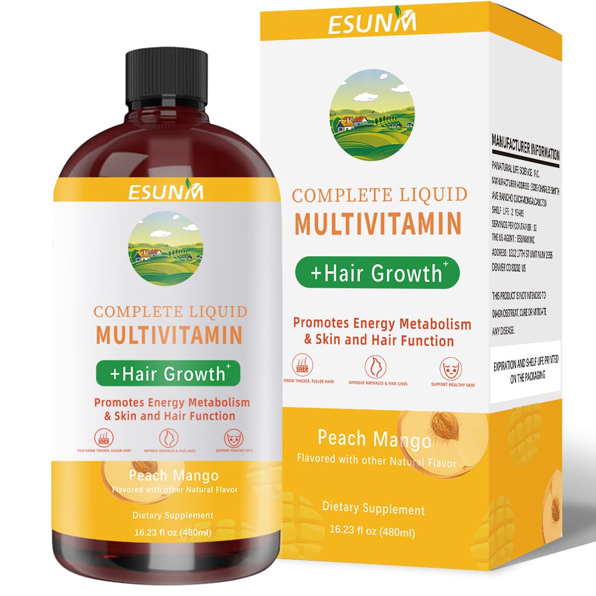 Complete Liquid Multivitamin + Hair Growth, Promotes Energy Metabolism& Skin and Hair Function| Vitamin C D | B Vitamins | Help to Thicker Hair, Wrinkles, Fine Lines, Skin Care (16.23OZ)