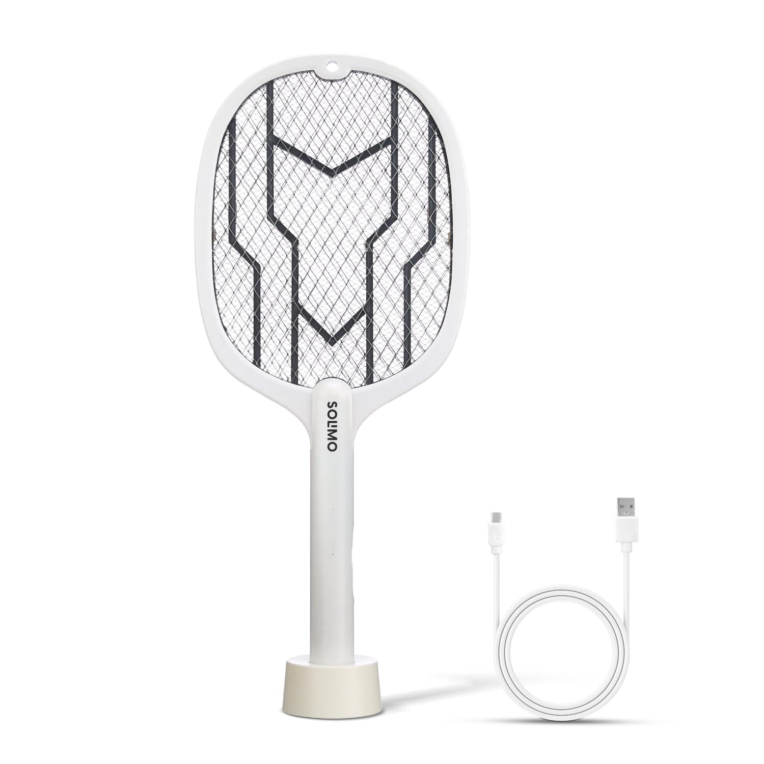 Amazon Brand - Solimo Anti Mosquito Racquet with Base Stand | Rechargeable Electric Fly Swatter | Handheld Bug Zapper Bat | 1200 mAH Li-ion Battery | USB Charging, White Grey