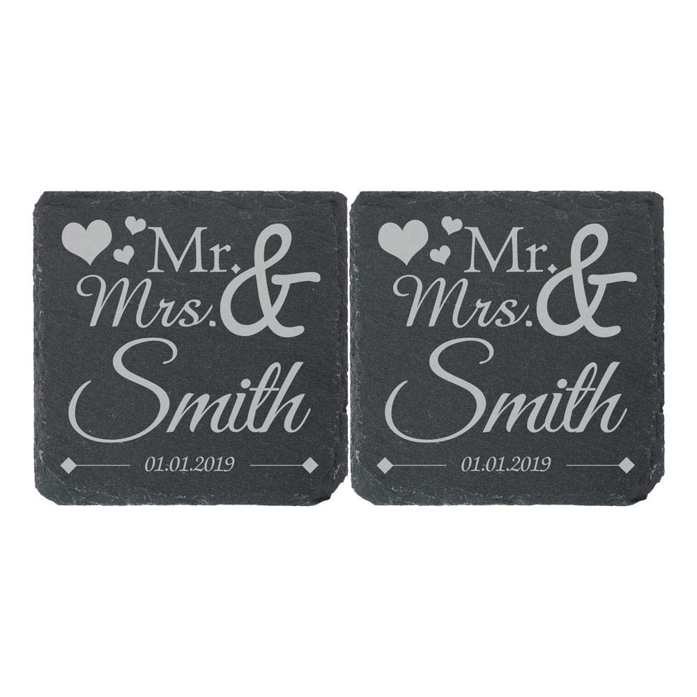 Personalised Engraved Square Slate Wedding Coaster Mr&Mrs with Hearts Set of 2