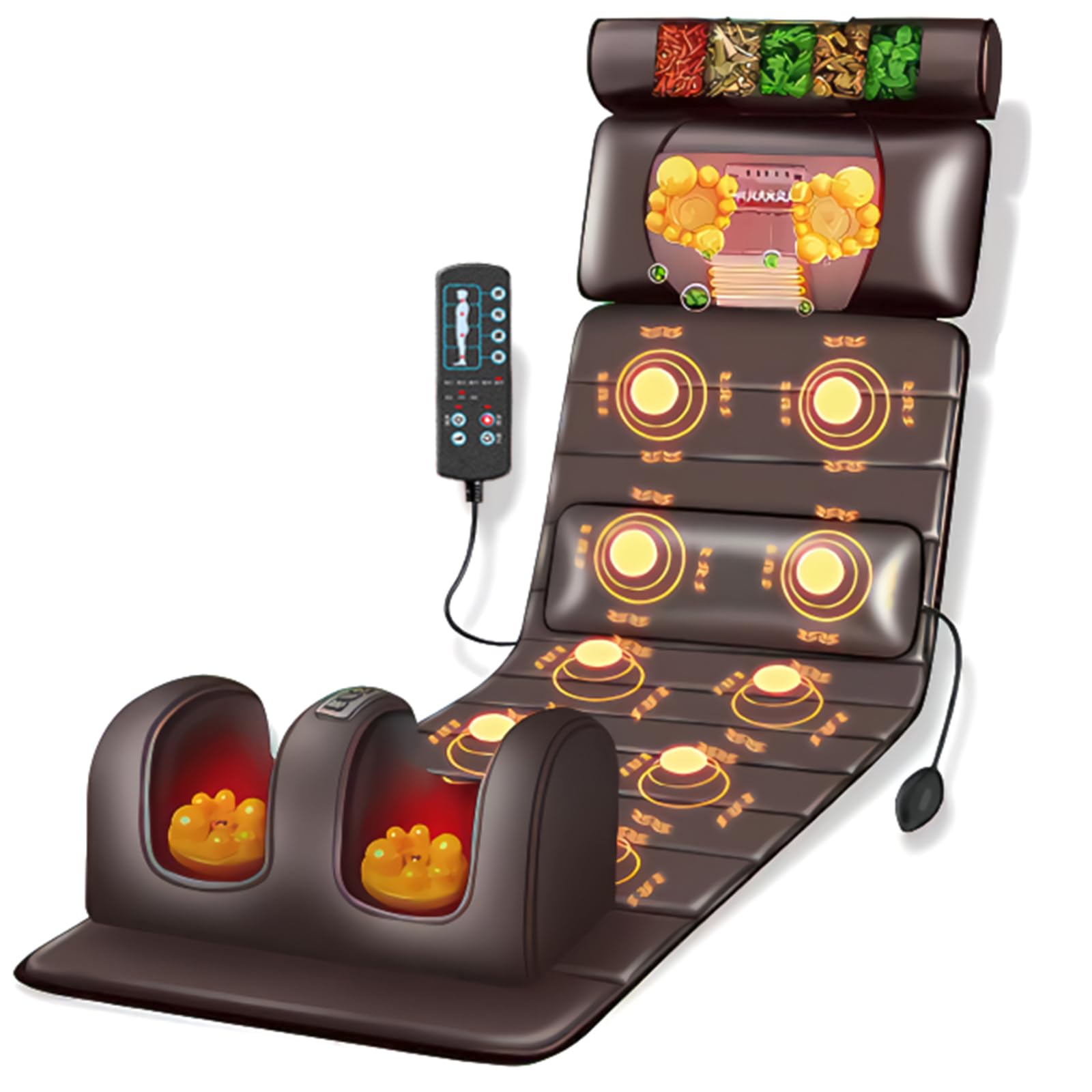 Ganzkörper-Massagematte, Massagegerät Pad mit Heizung, 9 Massagemodi und 9 Geschwindigkeitsmodi, mit abnehmbarem Nackenmassagegerät Kopfstütze und multifunktionalen Bein- und Fußmassagegeräten, für