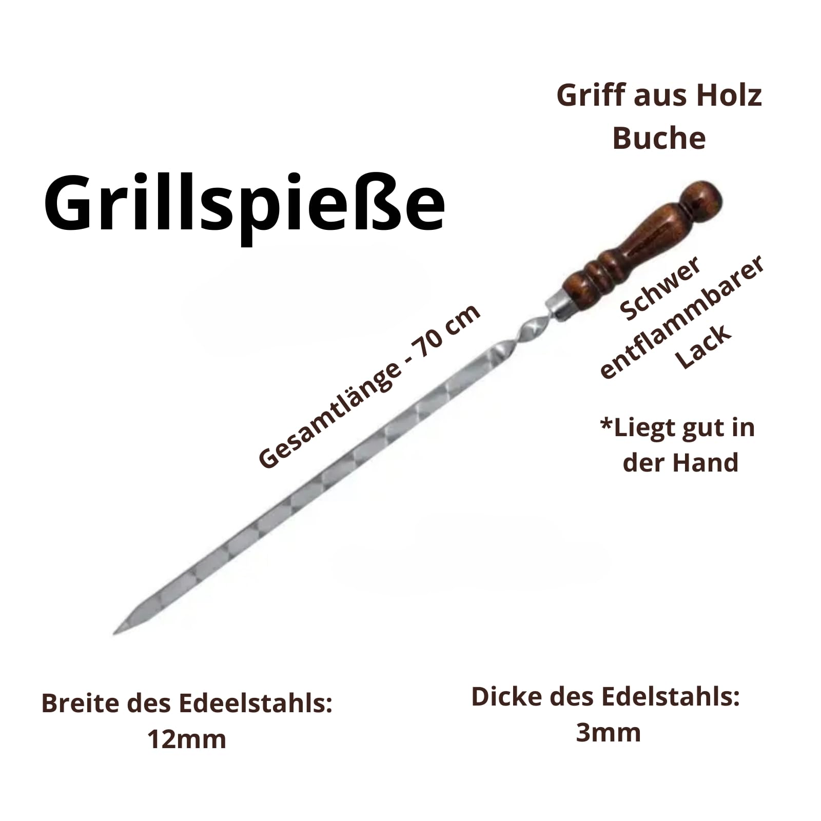 Juego de 6/8/10/12/14/16/18/20 brochetas para barbacoa de acero inoxidable 70 cm x 12 mm x 3 mm brochetas para carne, verduras, carne picada, kebab, barbacoa, barbacoa, barbacoa, barbacoa (mango de