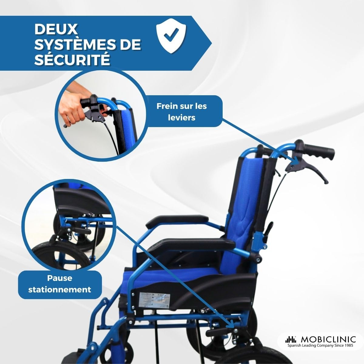 Mobiclinic, Fauteuil roulant de transit, Mod pirámide, Aluminium, Pliable, Frein sur poignées, Pour personnes âgées, Repose-pieds, Accoudoirs, Léger, Siège 46 cm,