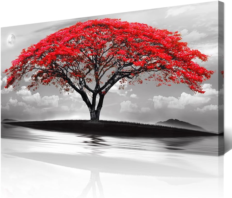 Wapluam Large Canvas Prints Wall Art For Living Room Bedroom Wall Decor Red Tree Landscape Painting Black And White Pictures To Hang Modern Home Decorations For Office Stretched And Framed Artworks