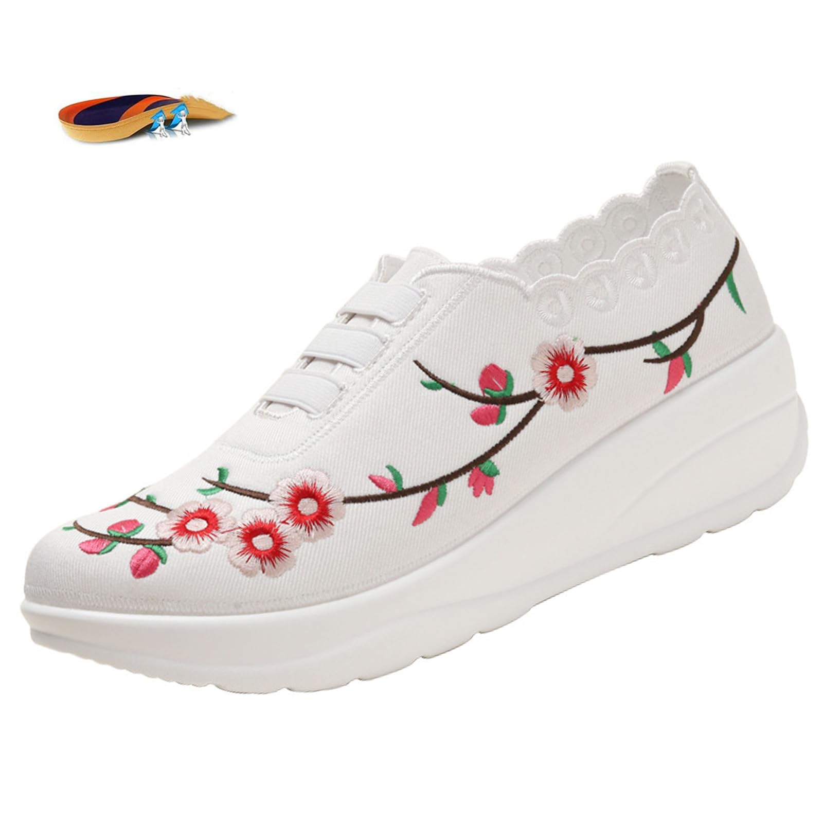 Women's Floral Embroidery Platform Wedge Walking Sneakers Fashion Fitness Mesh Up Stretch Slip On Arch Support Orthopedic Running Shoe Casual