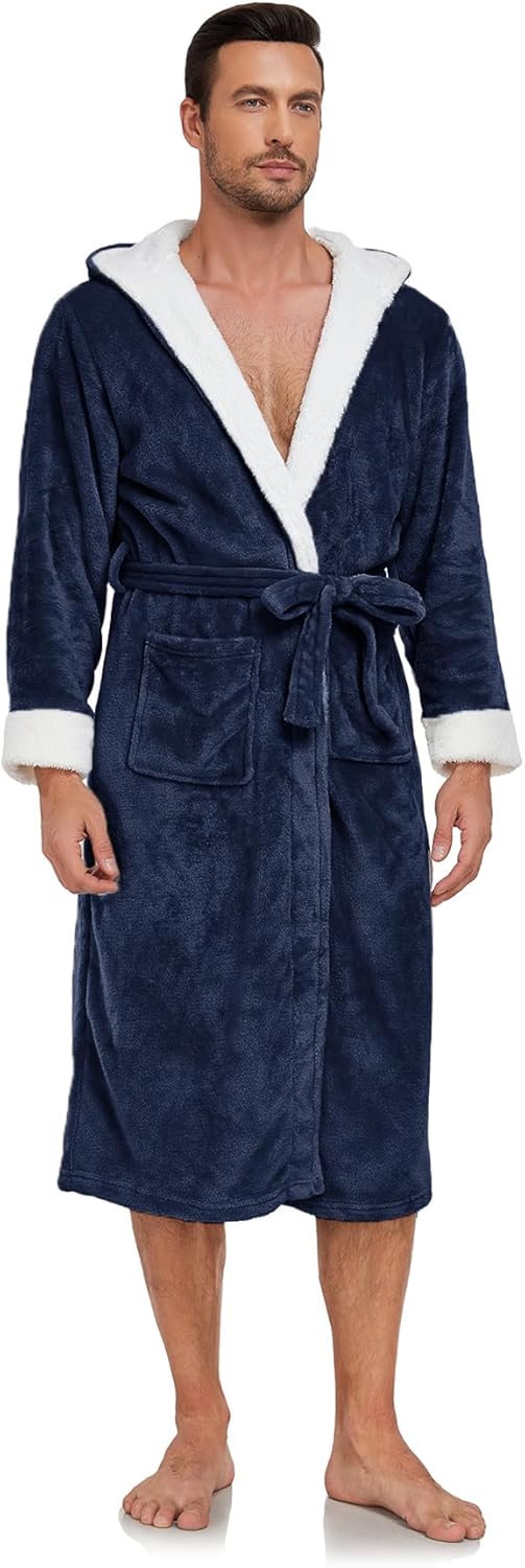 RONGTAI Hooded Mens Bathrobe, Soft Plush Long Fleece Robe, Full Length, Comfy Nightdress - Image 5