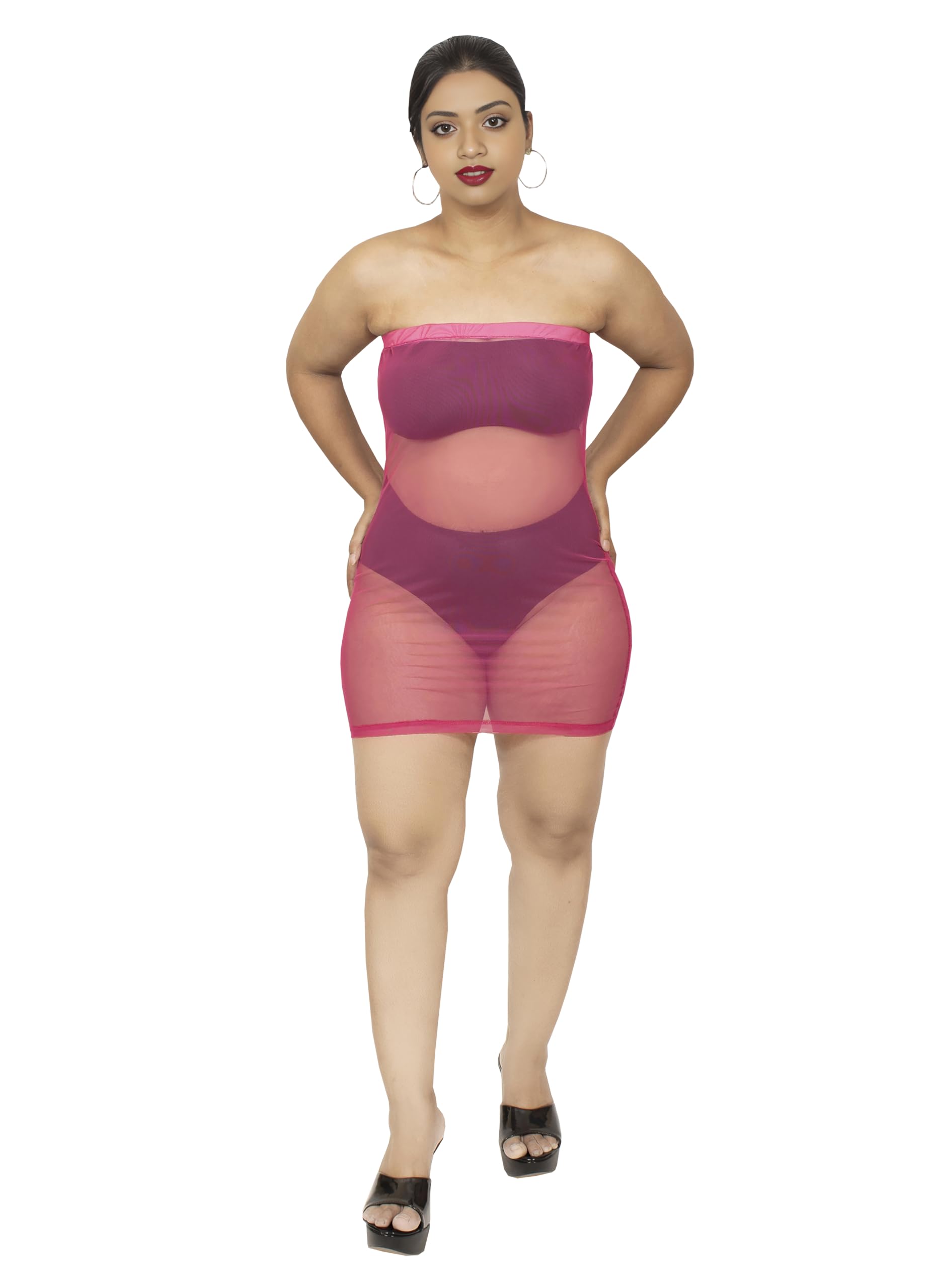 Off Shoulder Mesh Cover Up, See Through Bandeau Bodycon, One Piece-image-40