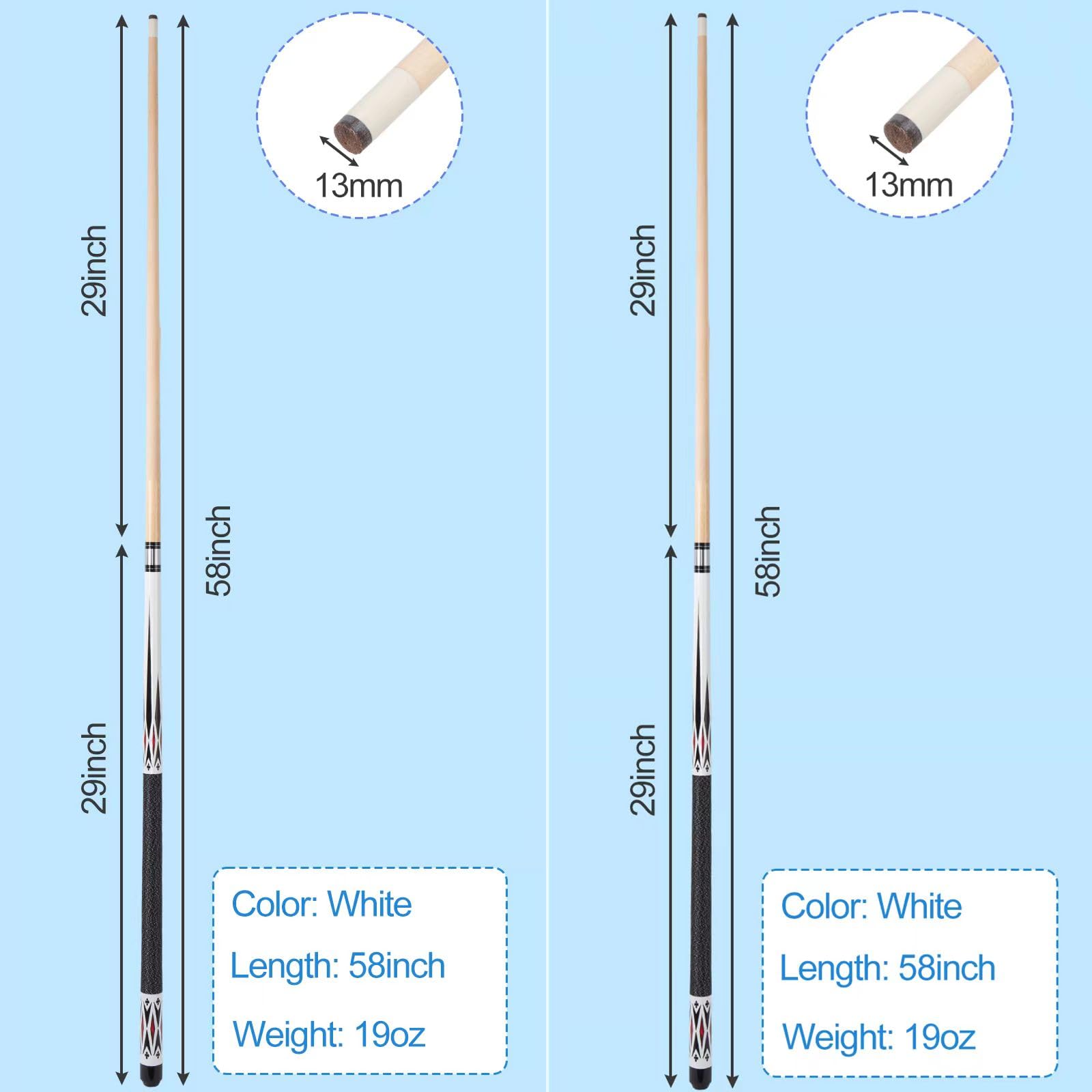 58" 19 20 Ounce Pool Queue with 13mm Tip, Schwarz oder Weiß，1/2 Maple Queue Sticks Pool Cue,Billiard Cue,Billard Queue für Männer und Frauen.