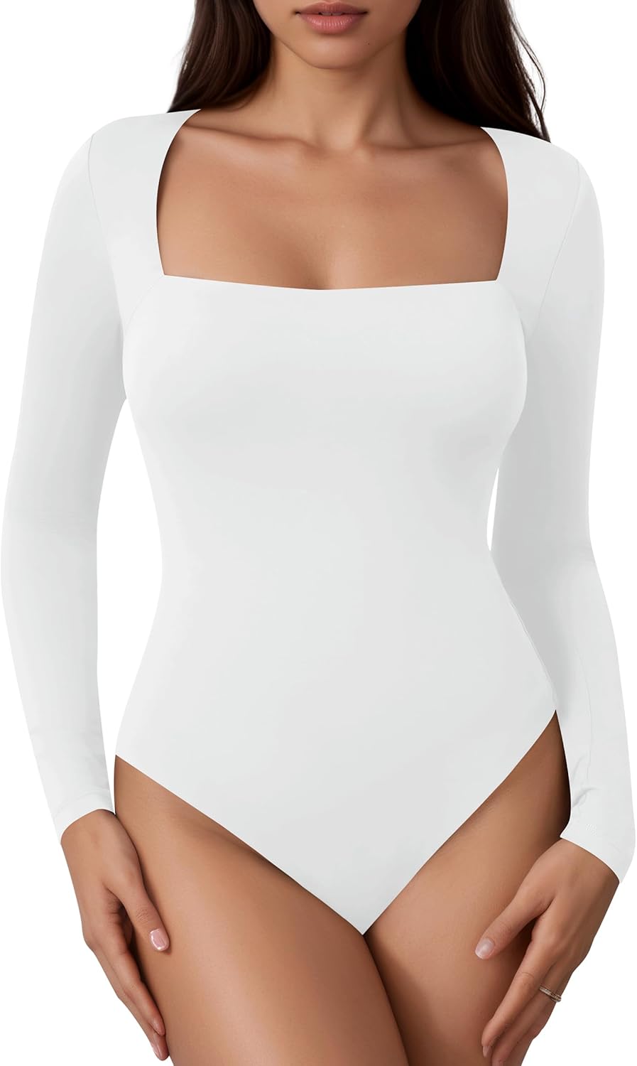 Laughido Women's Square Neck Long Sleeve Fitted Bodysuit Double Lined Fall Basic Trendy Tee Shirt Tops