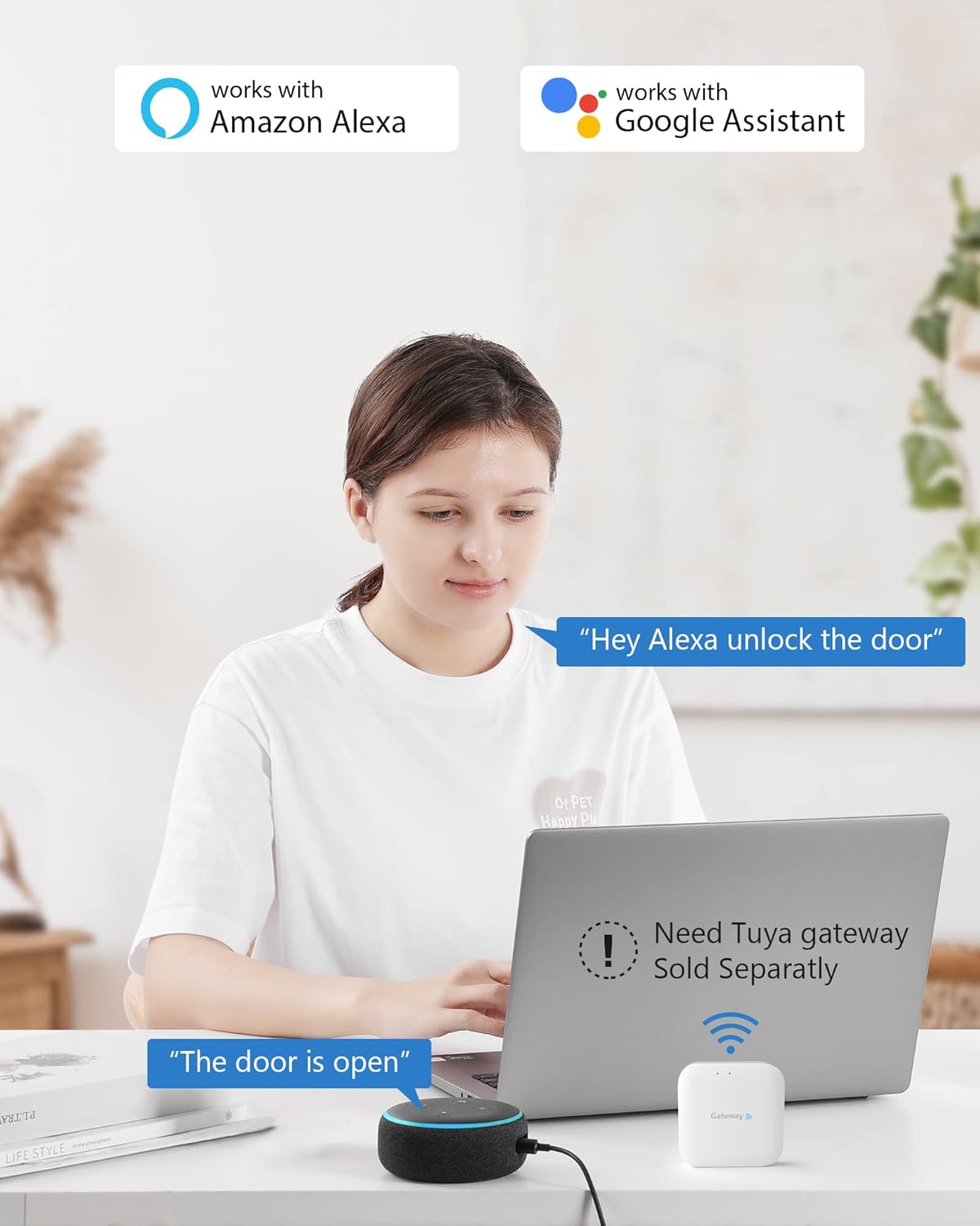 A woman using a laptop with an Amazon Echo Dot and a Tuya gateway. Text indicates 'works with Amazon Alexa' and 'works with Google Assistant', and a note that 'Tuya gateway Sold Separately' is needed.