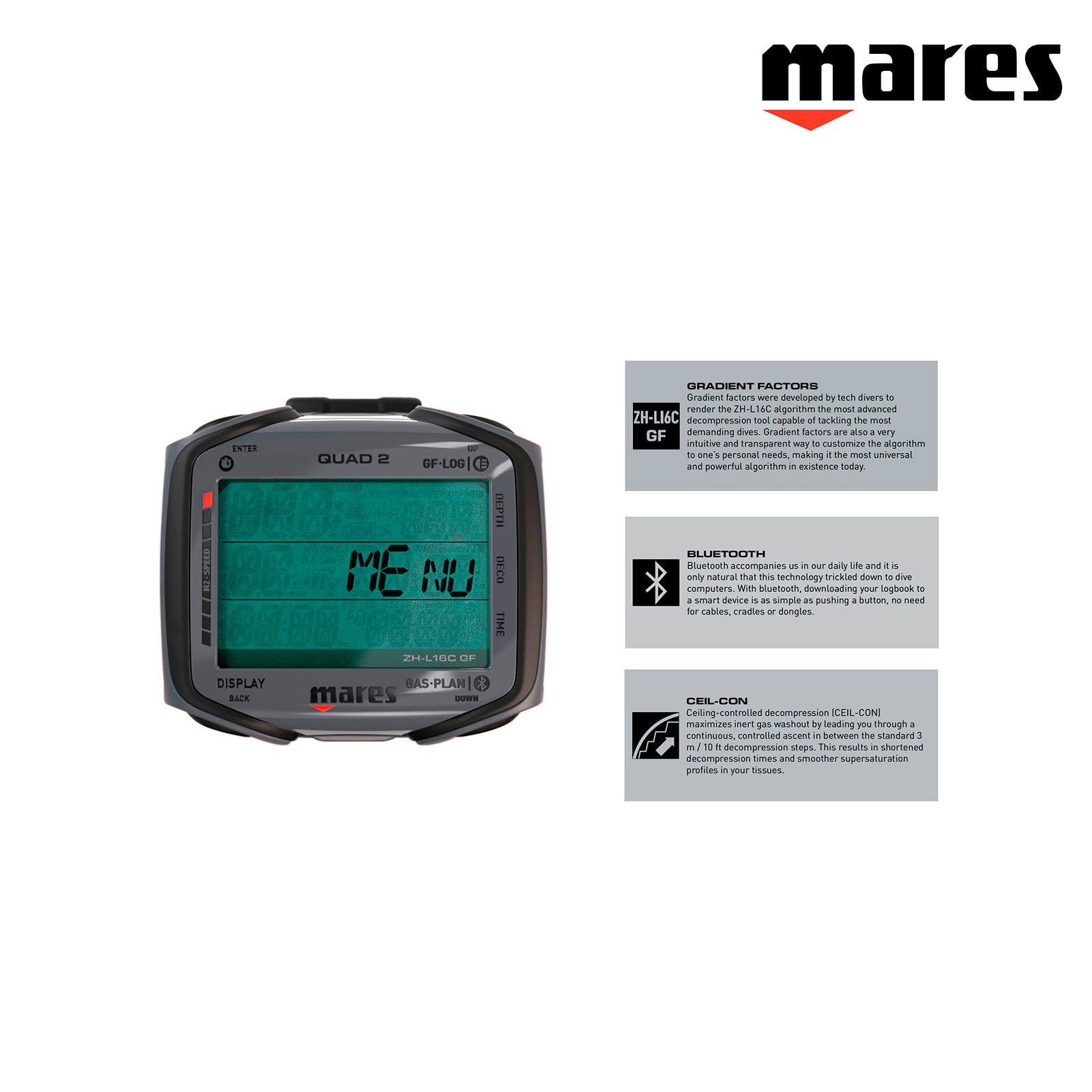 Mares Quad 2 - Ordenador de buceo subacuático inteligente de muñeca | Profundidad, descompresión, visualización de tiempo
