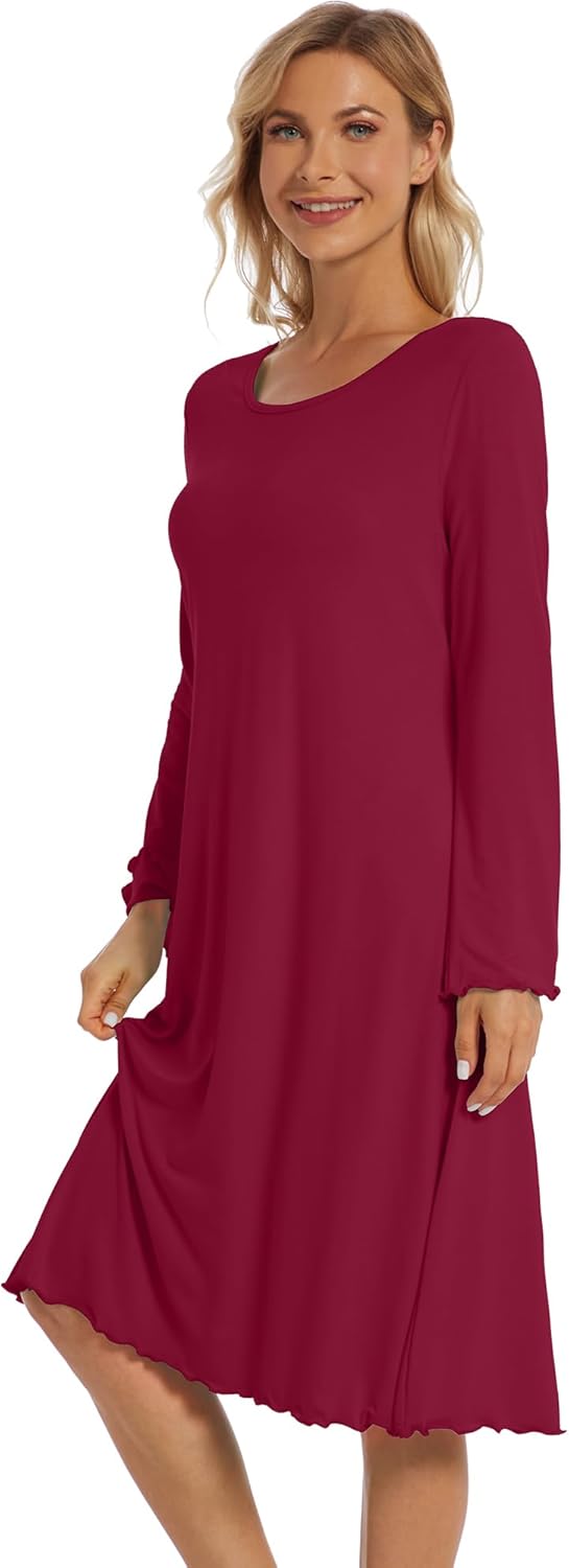 WiWi Long Sleeve Bamboo Viscose Nightgowns for Women, Soft Cooling Lightweight Sleep Night Dress for Women Sleepwear S-XXL - Image 4